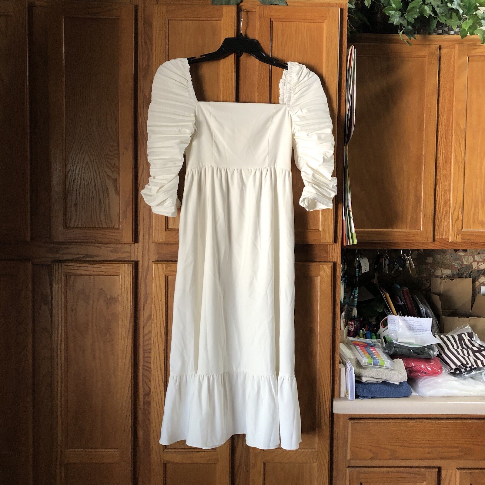 OPT Cottagecore Square Neck Smocked Milkmaid A-Line Midi Dress White Small