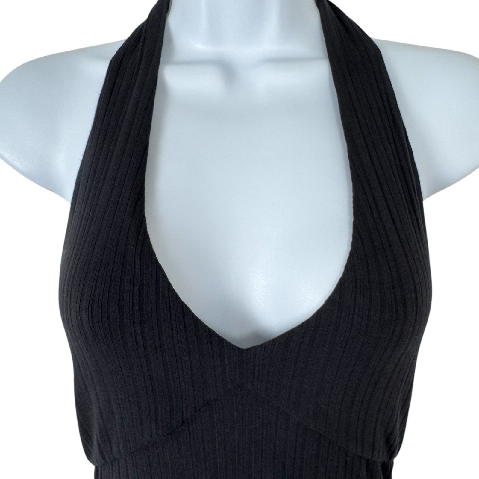 L*Space Black Bodycon Tie Halter Dress Size SM Maxi Ribbed Stretchy Casual LBD