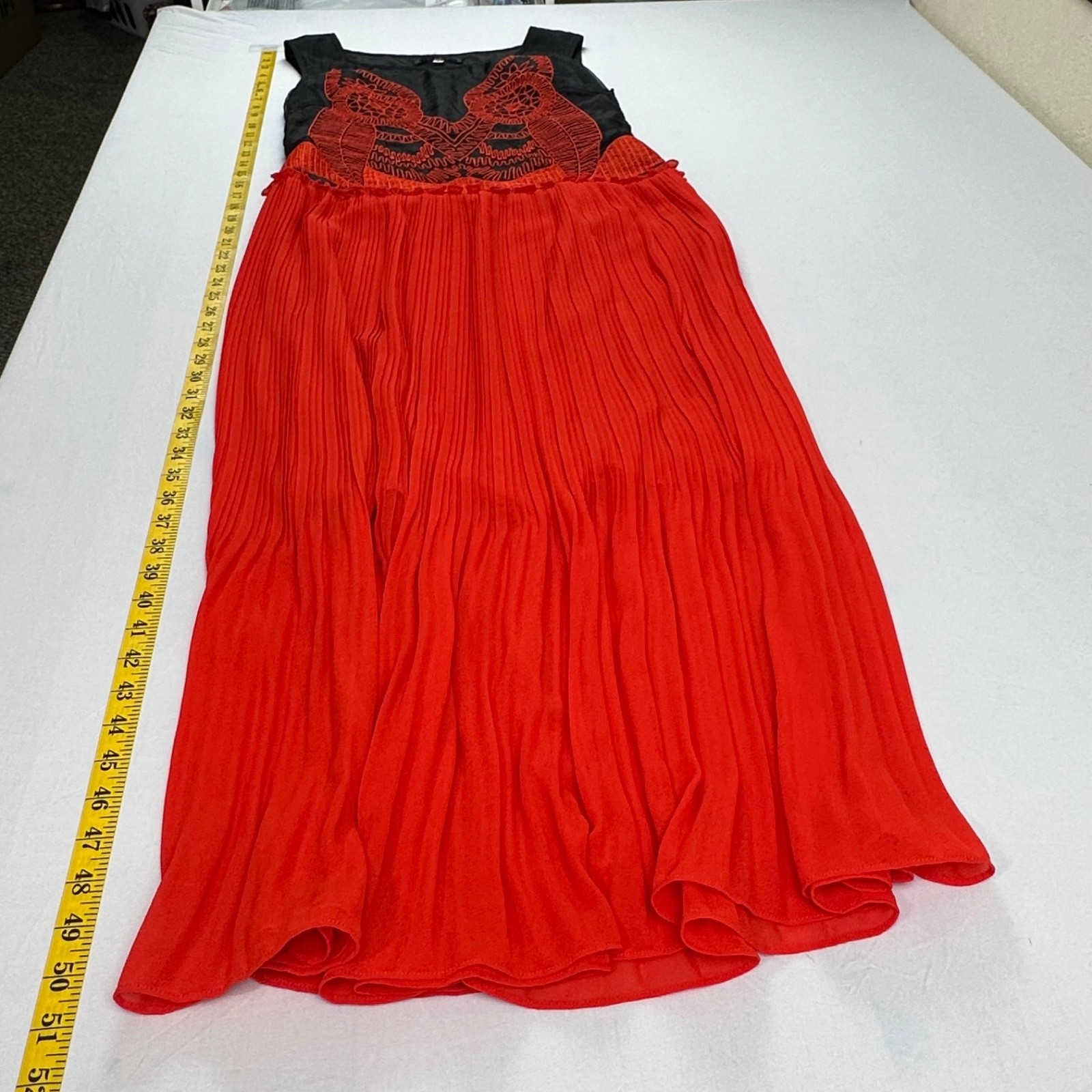 Boho Chic Statement Silk Maxi Dress Sz 6 Pleated Embroidered Owl Artsy Red Black