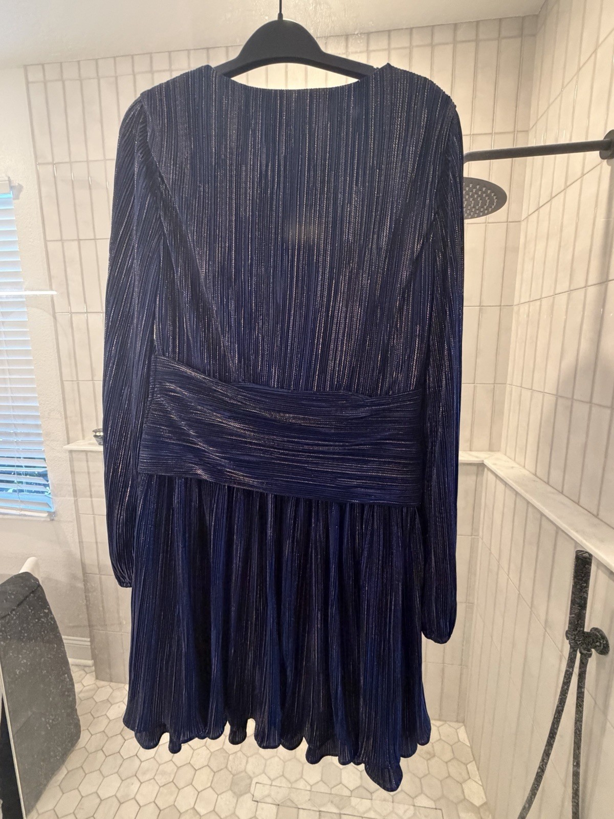 Lilly Pulitzer Navy Metallic Pleated V-Neck Balloon Sleeve Mini Dress 6