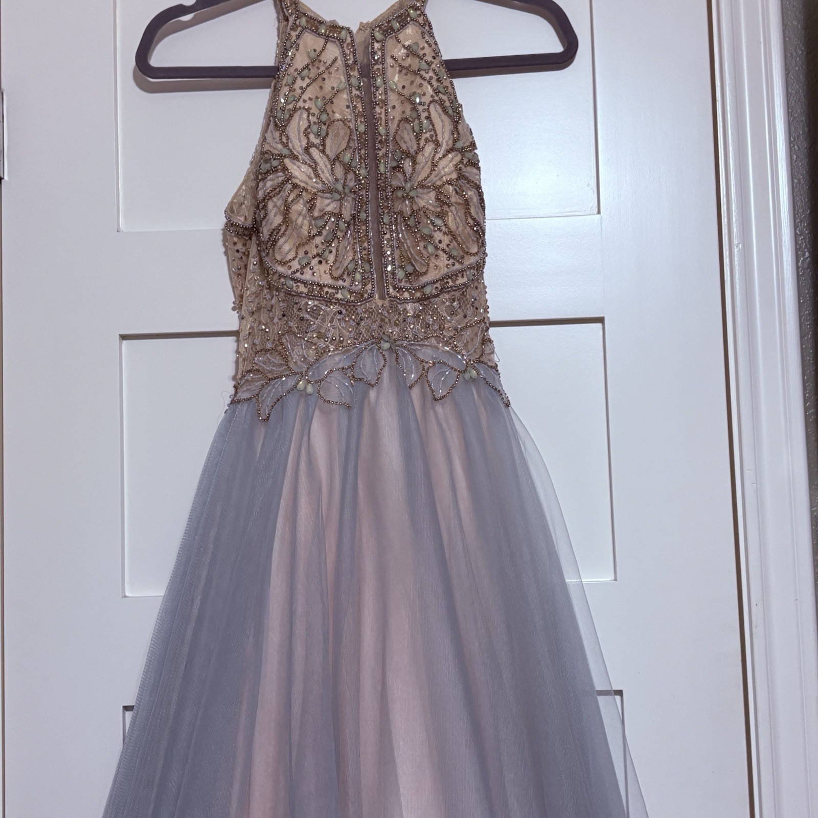 Glamour Halter Neck Beaded Bodice Contrast Tulle Long Ball Gown Prom Wedding