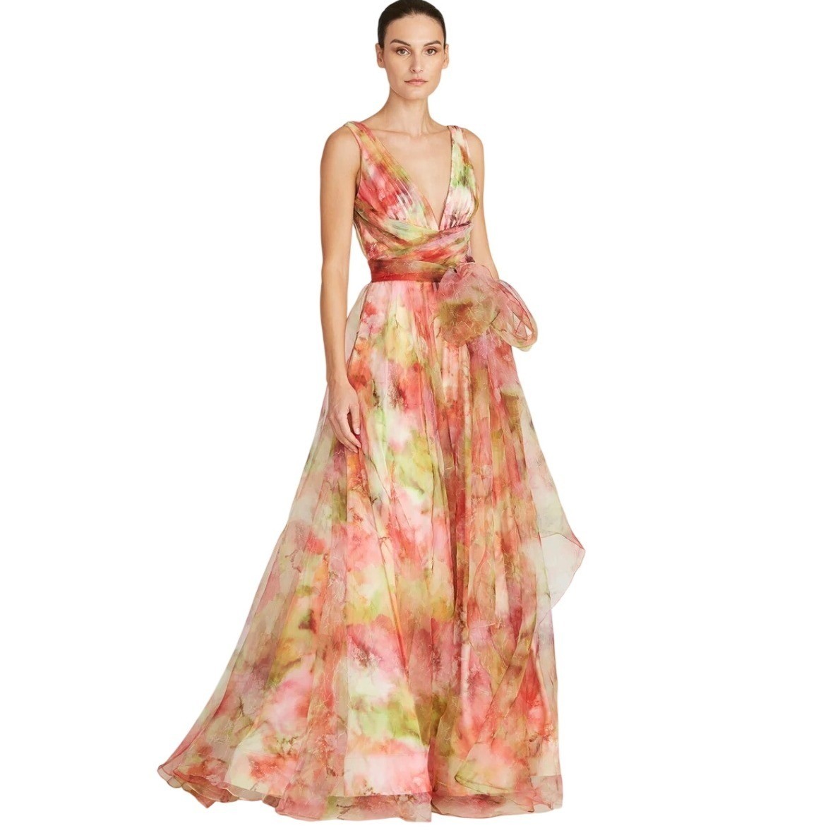 Theia Couture Faye A-Line Organza Gown w Bow Watercolor Floral Size 12 Ethereal