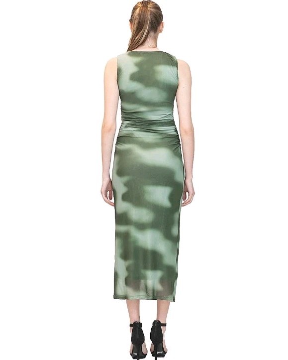 Madden Girl Bodycon Ruched Side Mesh Maxi Dress Green Lined Fitted Sz Small NWT