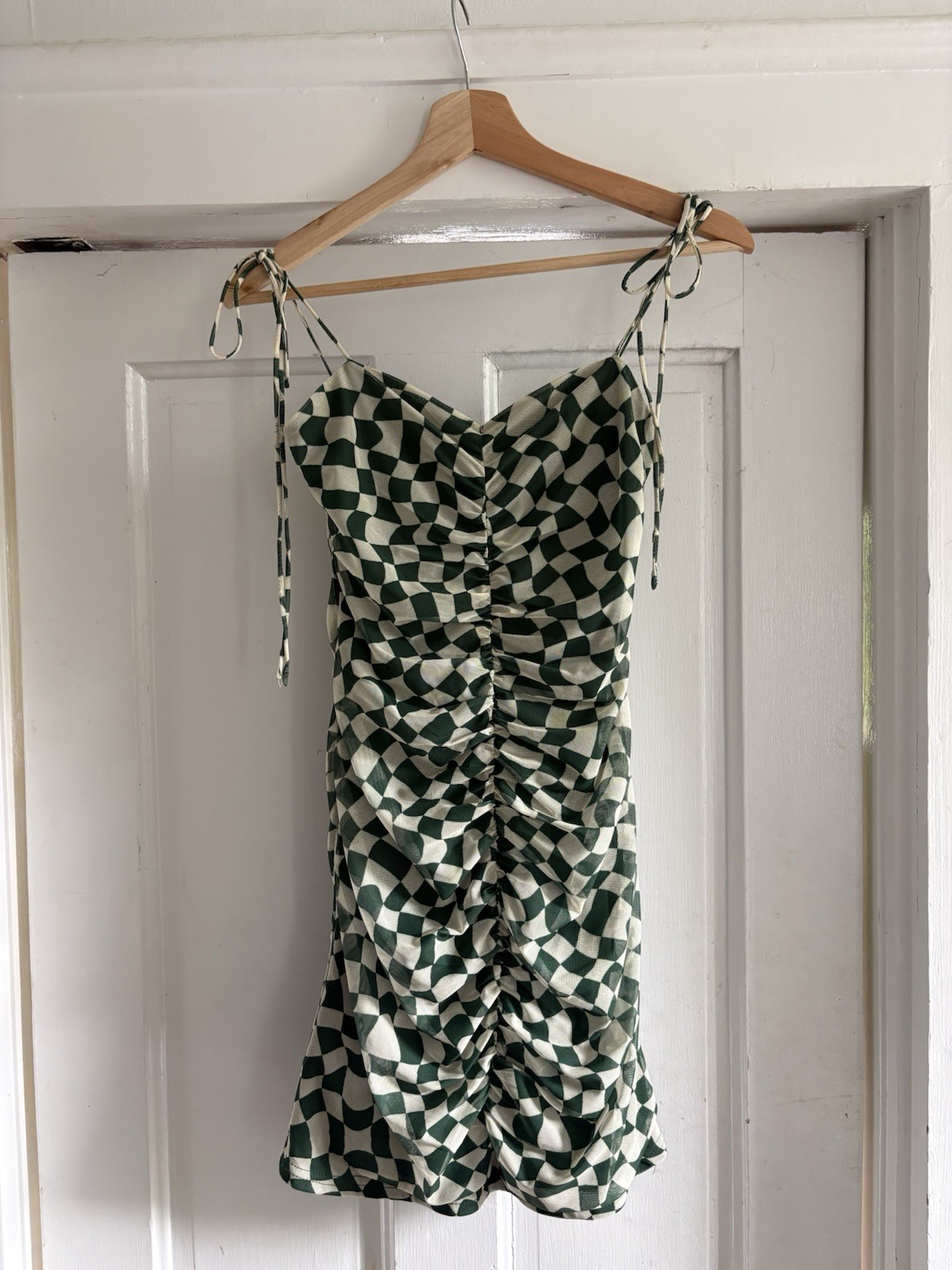 Y2K Bailey Rose Green White Geometric Ruched Bodycon Mini Dress Sweetheart S/M