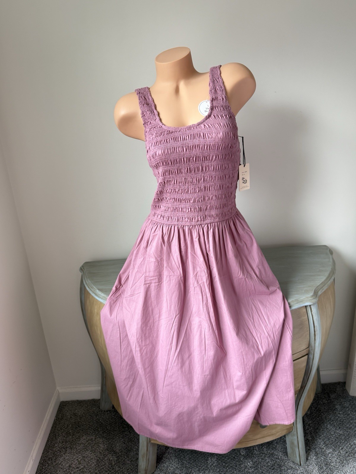 Sincerely Jules Smocked Dress M Mauve Pink Cottagecore Rio Beach Pockets Cotton
