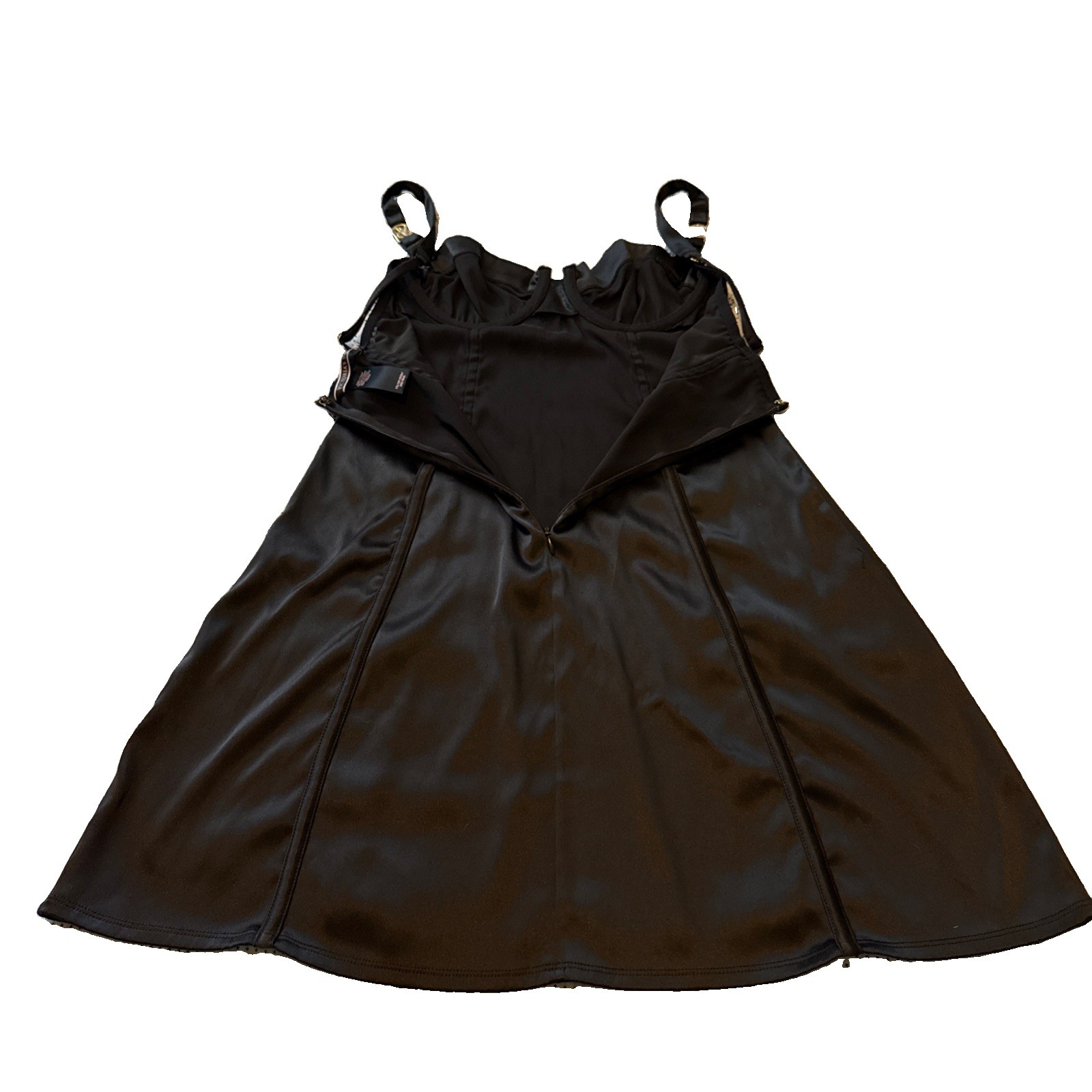Victoria’s Secret Black Satin Bustier Underwire Slip Dress Gold Hardware Size XS