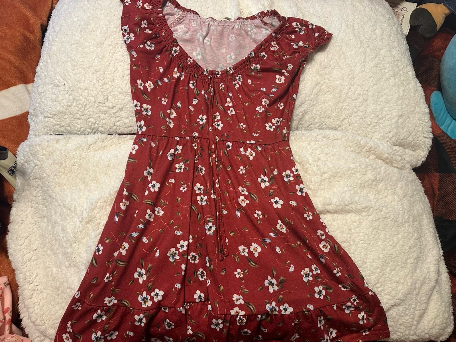HUHOT Red Floral Short Sundress Scoop Neck Cap Sleeve Casual Regular Size S