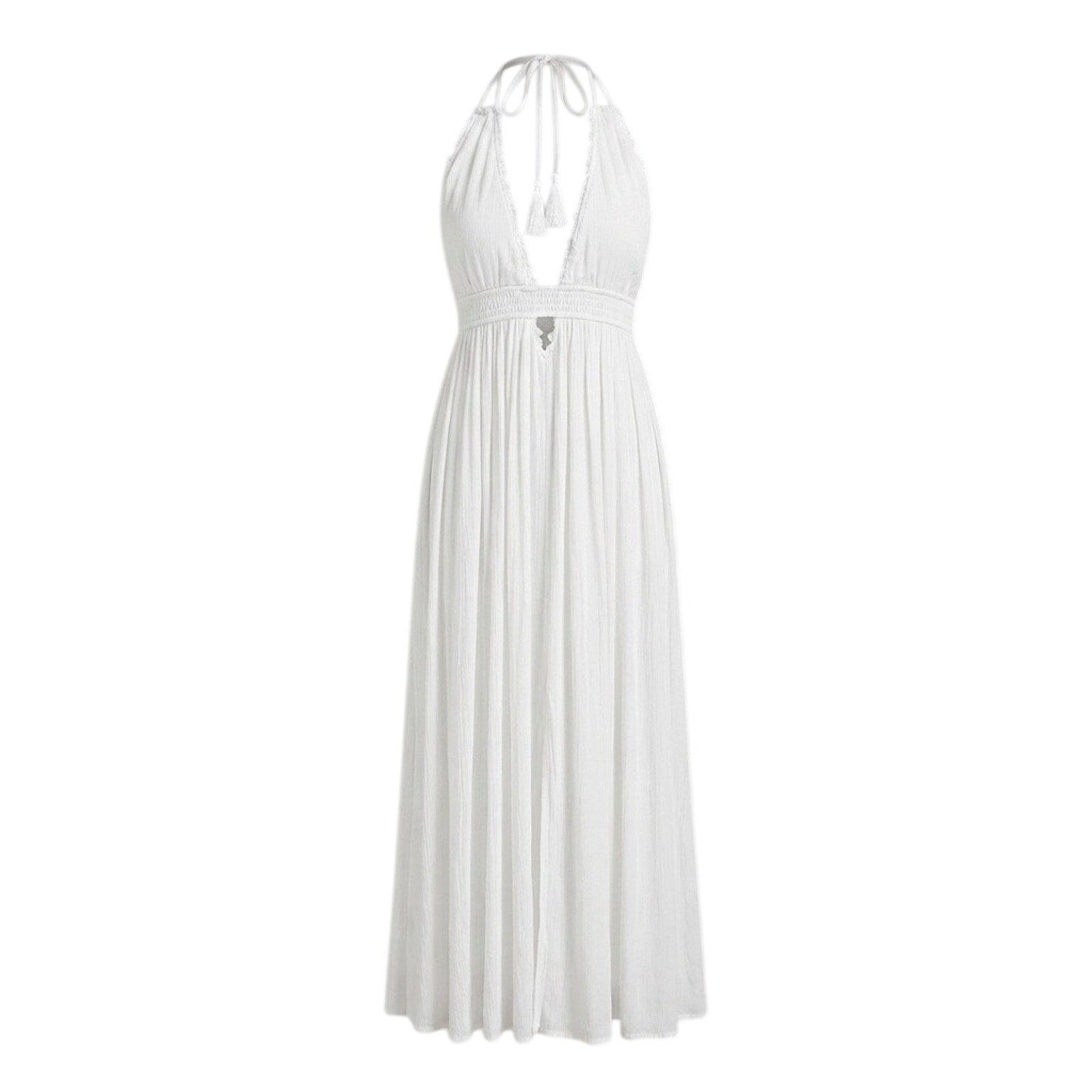 HYFVE White Halter Maxi Dress M Boho Crinkle Rayon Open Back High Slit Vacation