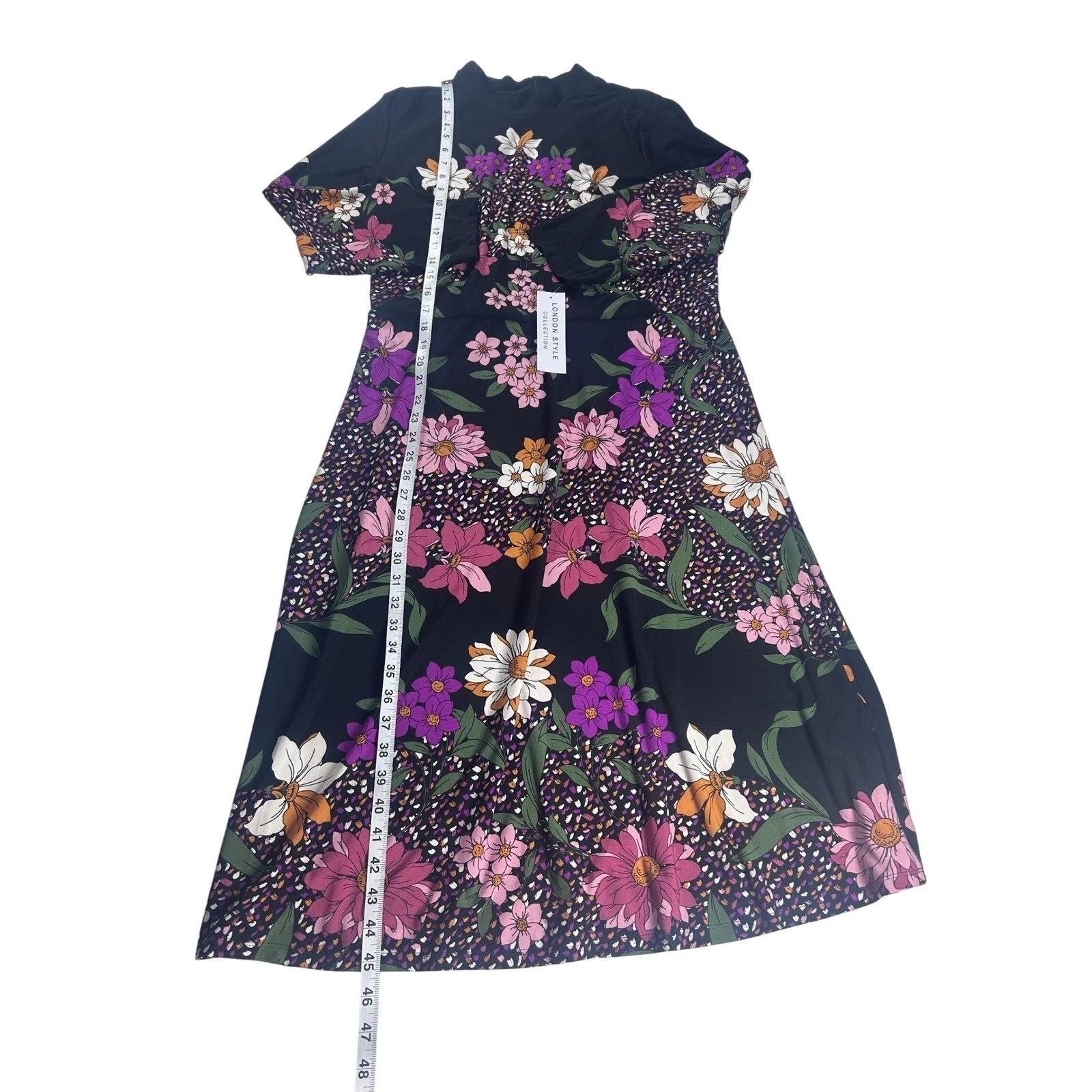 London Style Collection Womens Floral Mock Neck Midi Dress Black Blush Sz 16 NWT