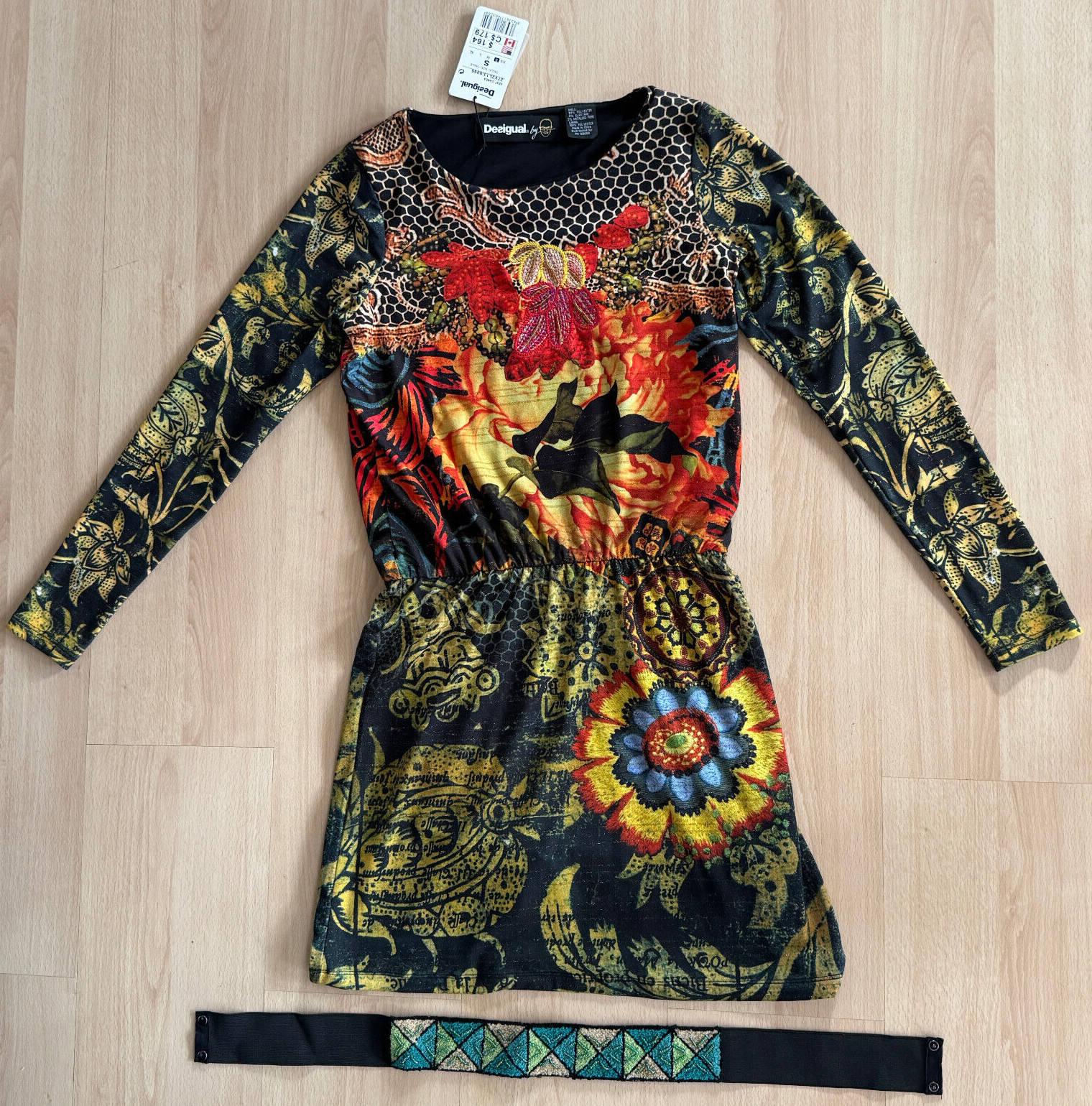 DESIGUAL by CHRISTIAN LACROIX Embroidered Floral Print Dress Beaded Belt Size S