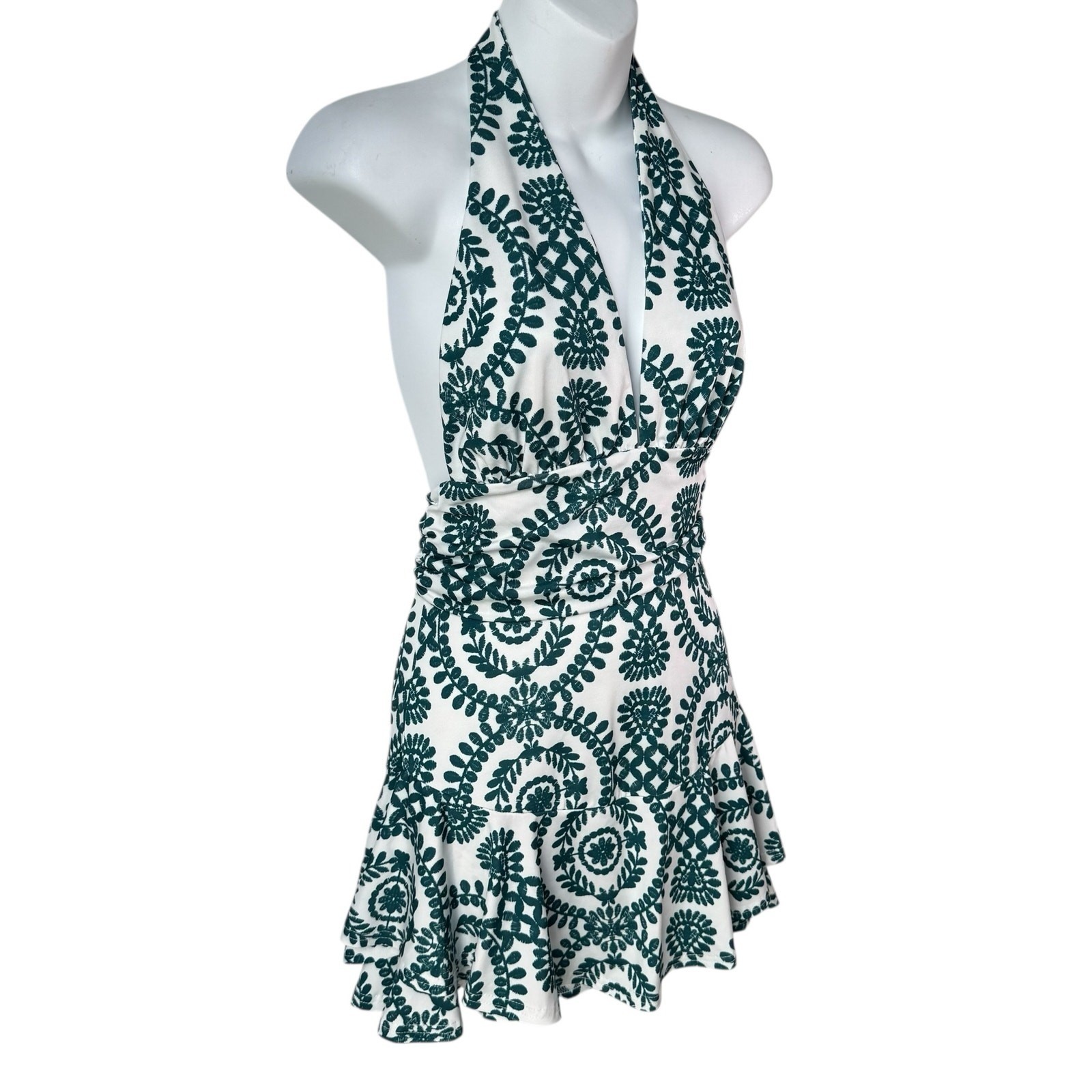 Womens Backless Halter Romper Small White Green Floral Print Ruffle Resort READ