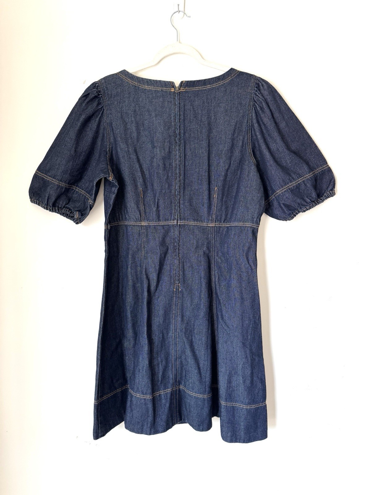 LOFT Denim Swing Mini Dress Sz 14 Puff Short Sleeves Dark Wash Fit N Flare NWT