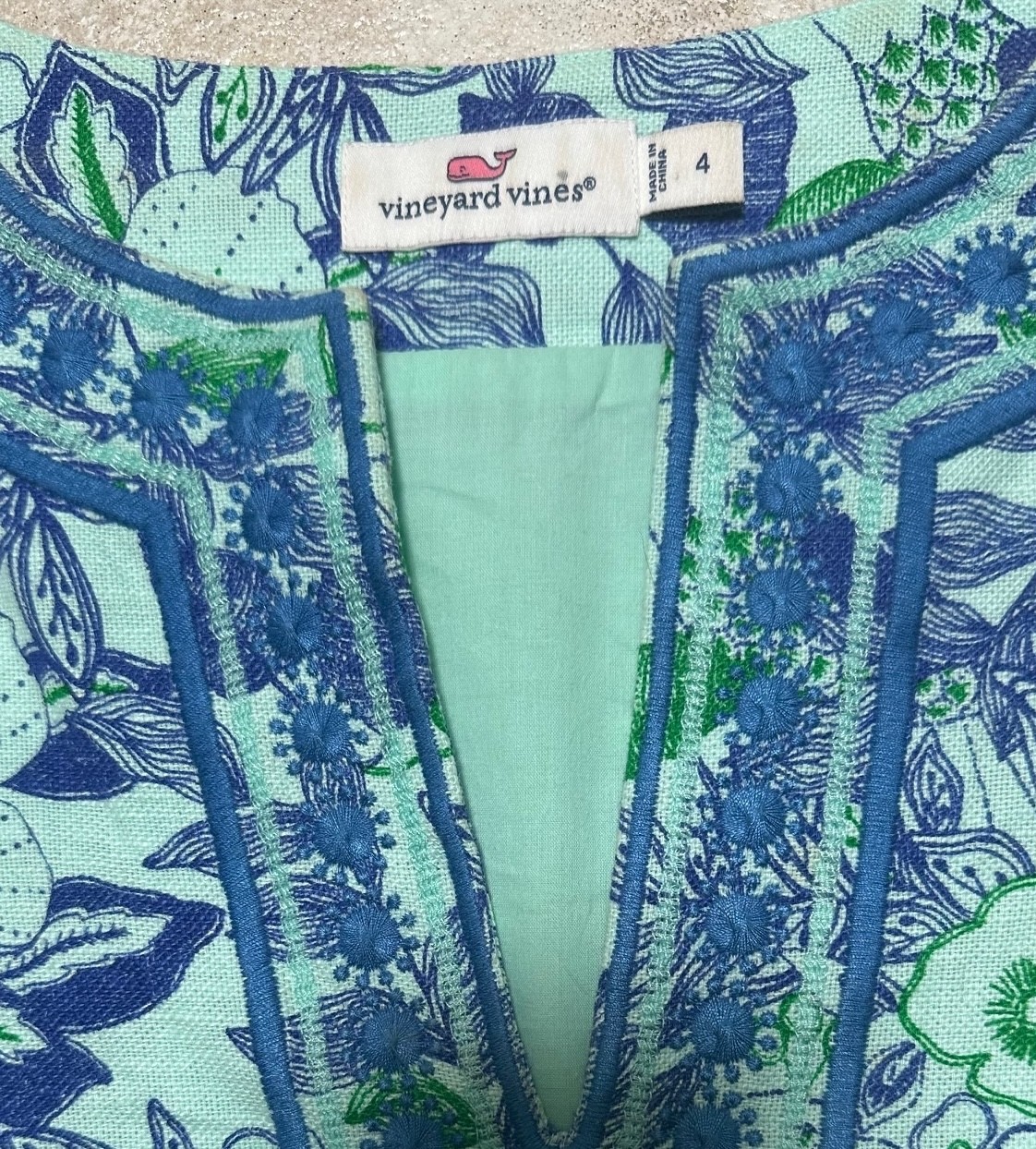 Vineyard Vines Blue Linen Cotton Cordia Floral Bird Embroidered Tunic Dress Sz 4
