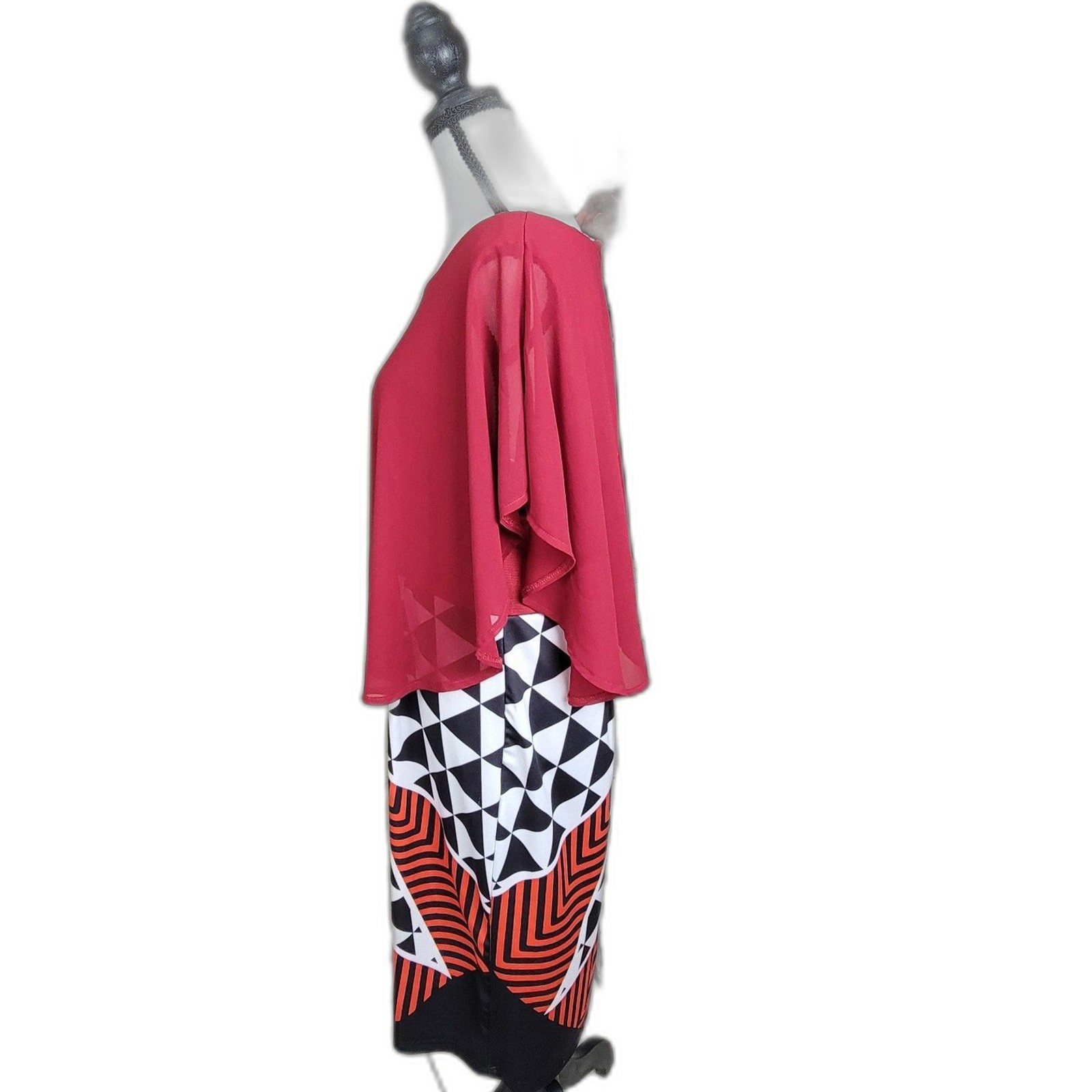 Women’s L Red Chiffon Cape Top Geometric Print Stretch Bodycon Sheath Dress