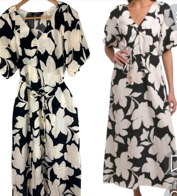 Ellen Tracy Black White Floral V-Neck Puff Sleeve Tie Waist Maxi Dress L