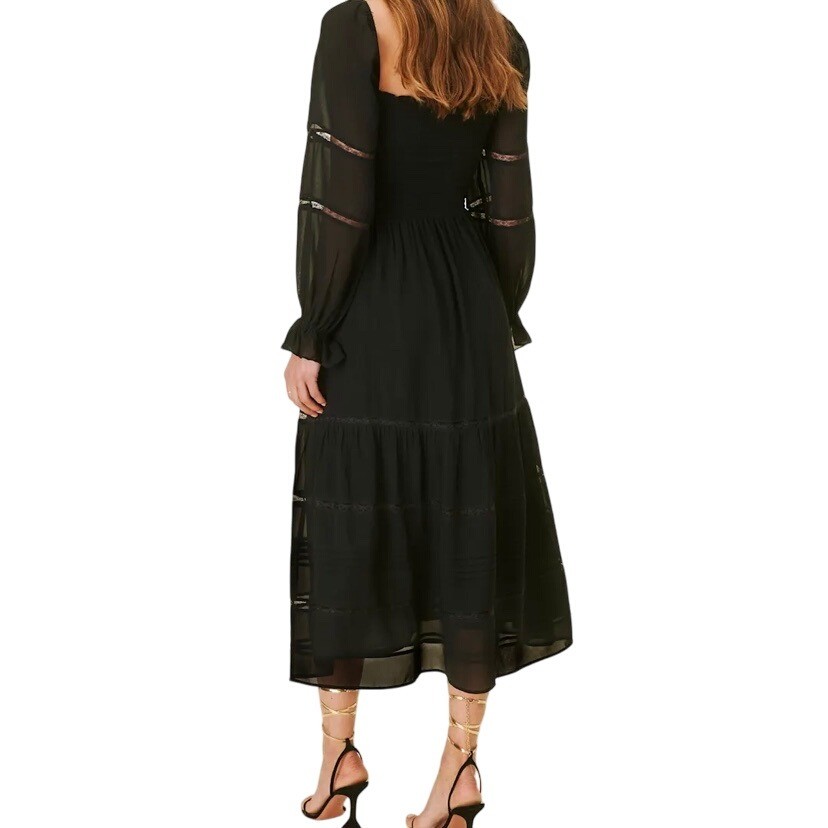 REFORMATION Smocked Square Neck Midi Dress Size 8 Lace Tiered Boho Whimsigoth