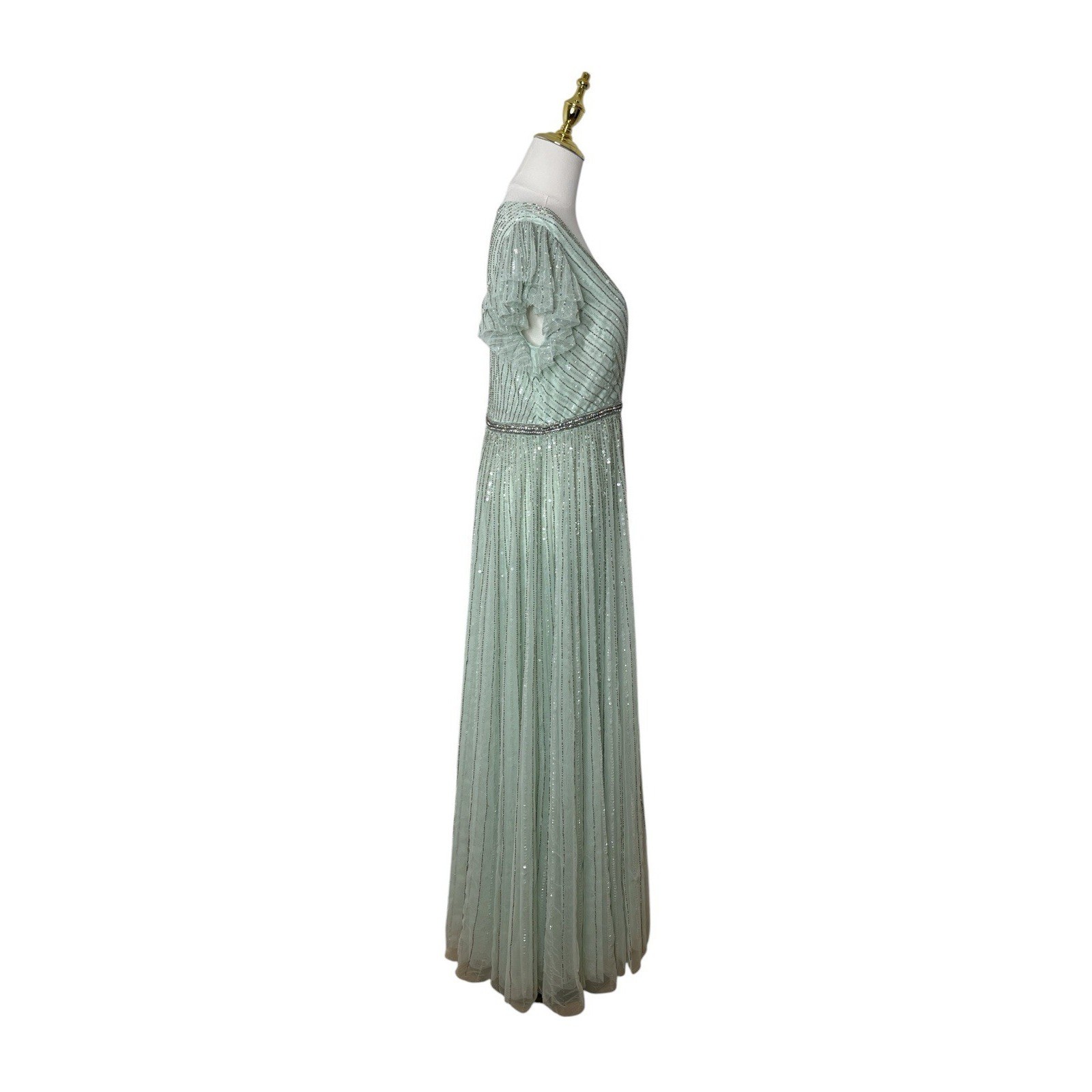 Mac Duggal 5502 Mint Green Sequin Flutter Sleeve A-Line Formal Gown Size 6 $698