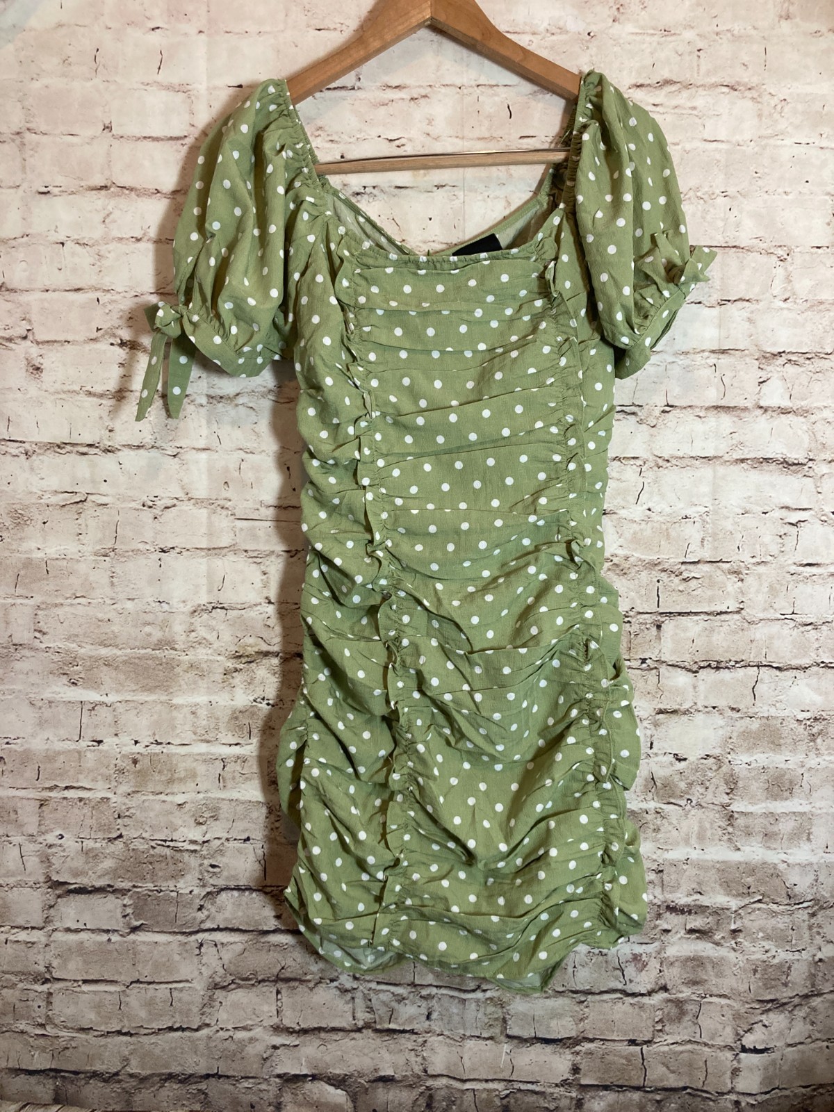 Lumiere Mini Dress Womens Medium Sage Green Polka Dot Ruched Puff Sleeve Hippie
