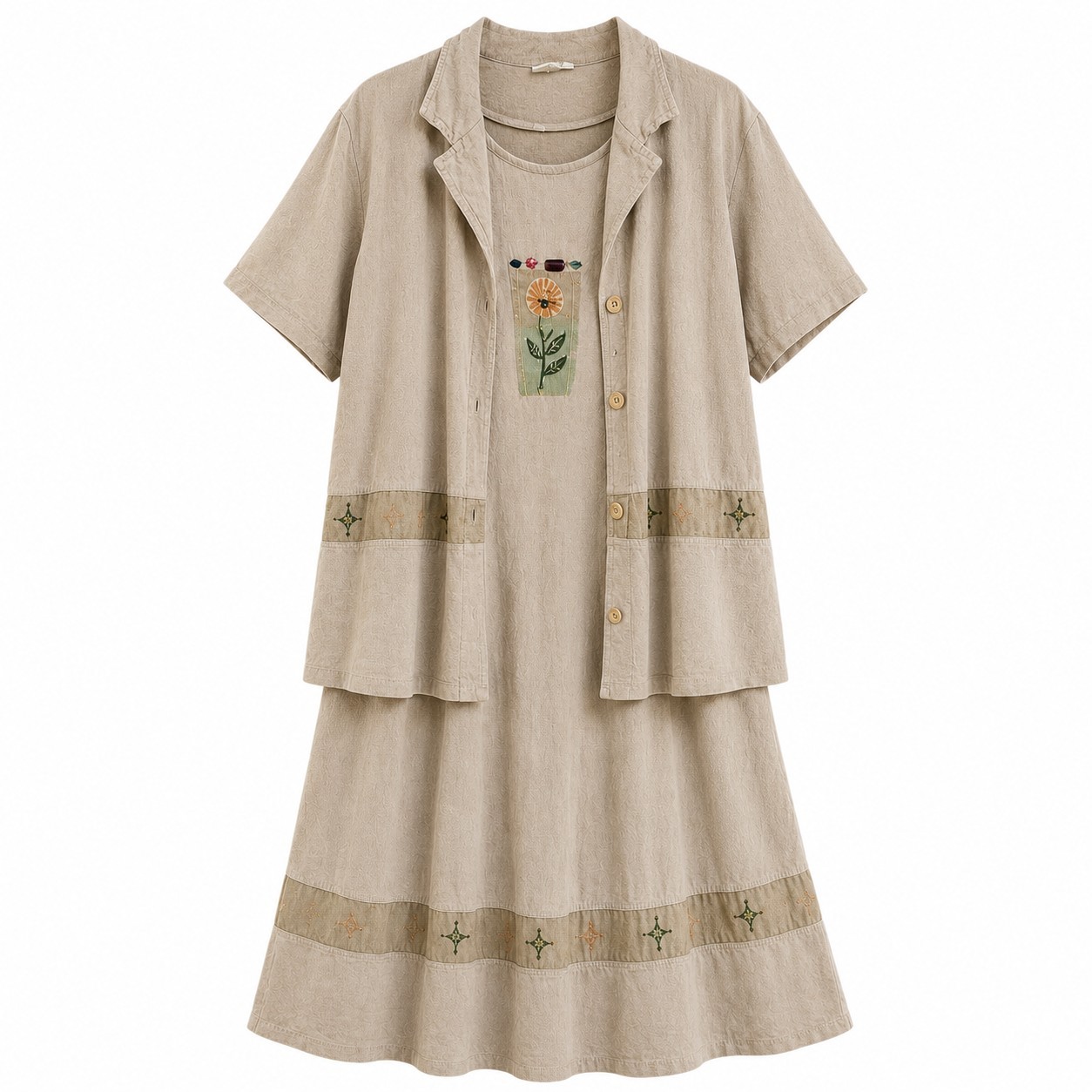 FOCUS USA 2X Cotton Lagenlook Dress Jacket Set Artsy Prairie Boho Made USA Midi