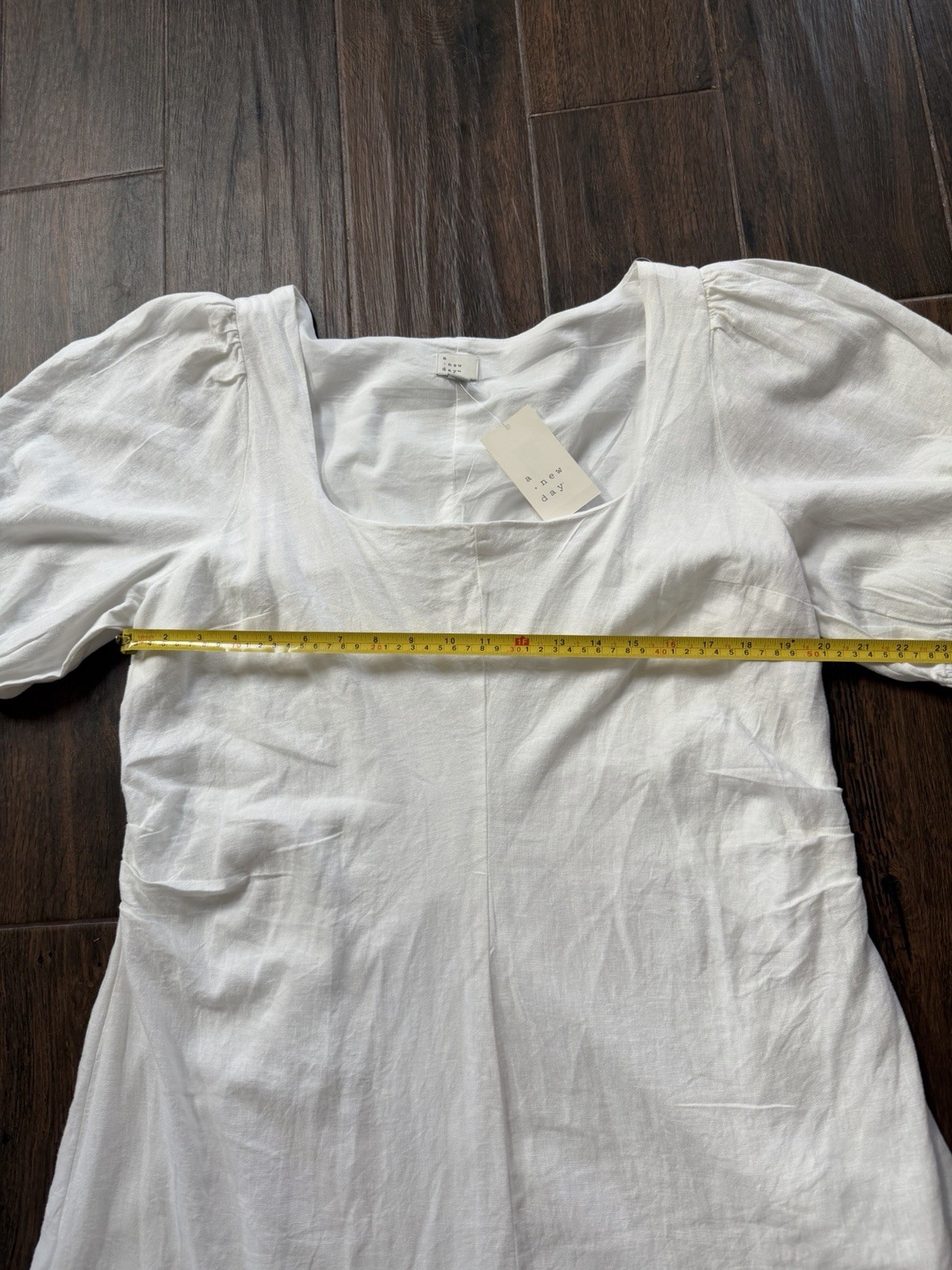 NWT A New Day White Square Neck Puff Sleeve Linen Blend Mini Dress Womens 16