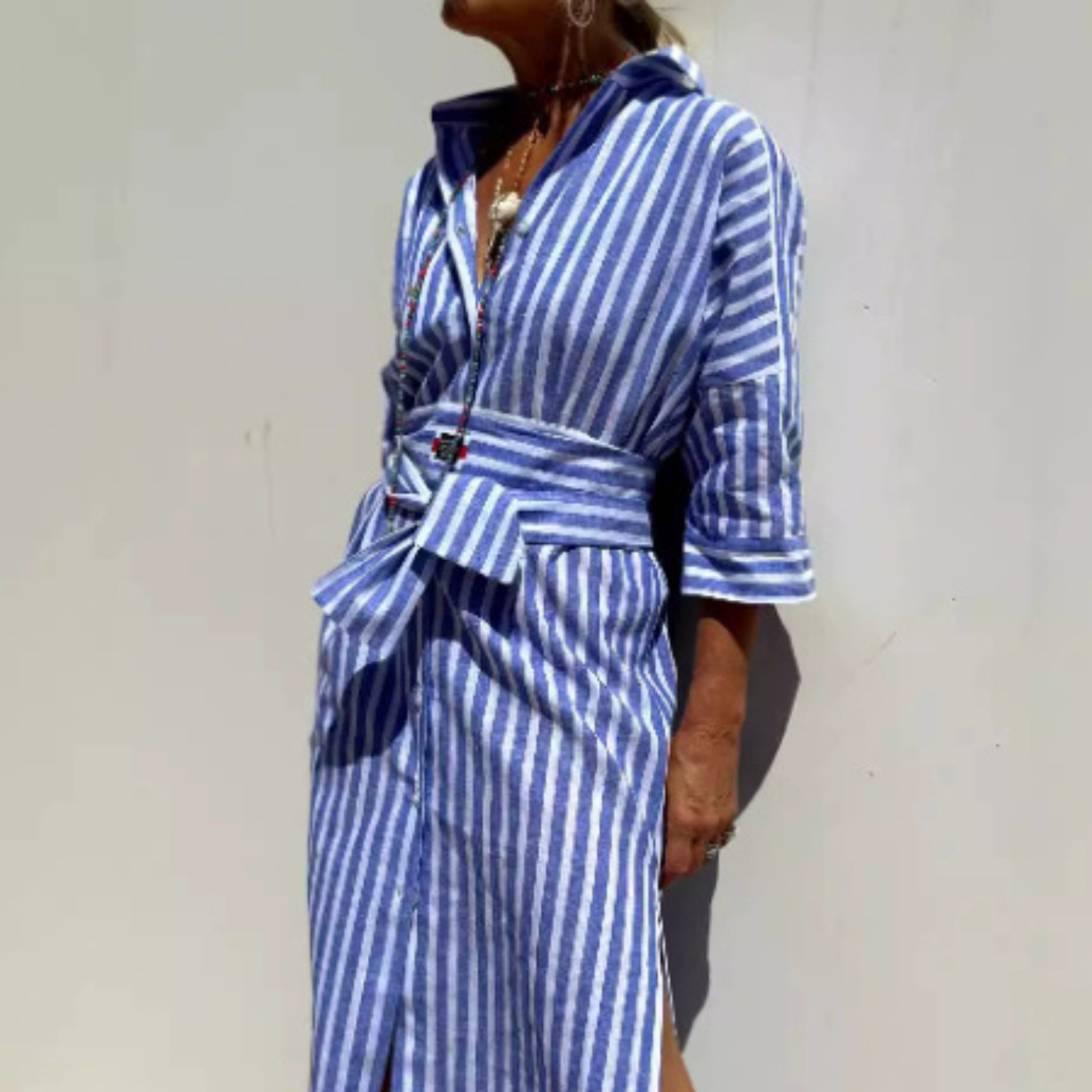 Women’s Striped Shirt Dress Belted Button-Down Long Sleeve Maxi Dress S-XXL