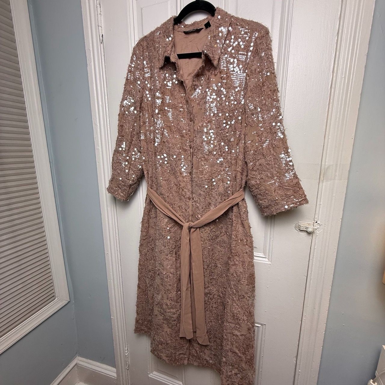 DENNIS Basso Sequin Shirt Dress Womens Medium Rose Champagne Belted NWOT