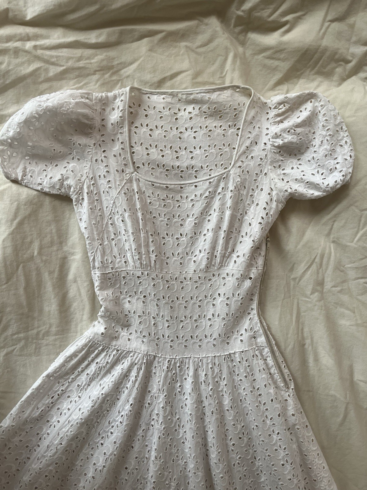 1950s true vintage white eyelet puff sleeve square neck lined midi dress XS