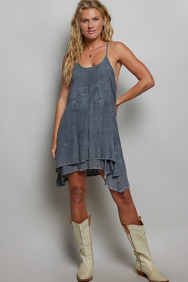 POL Embroidered Adjustable Strap Mini Dress – Charcoal – Medium