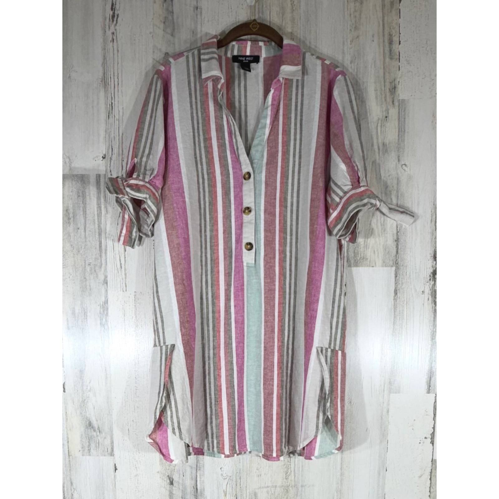 Nine West Jeans Tunic Shirt Dress Large Multicolor Striped Linen Cotton Blend