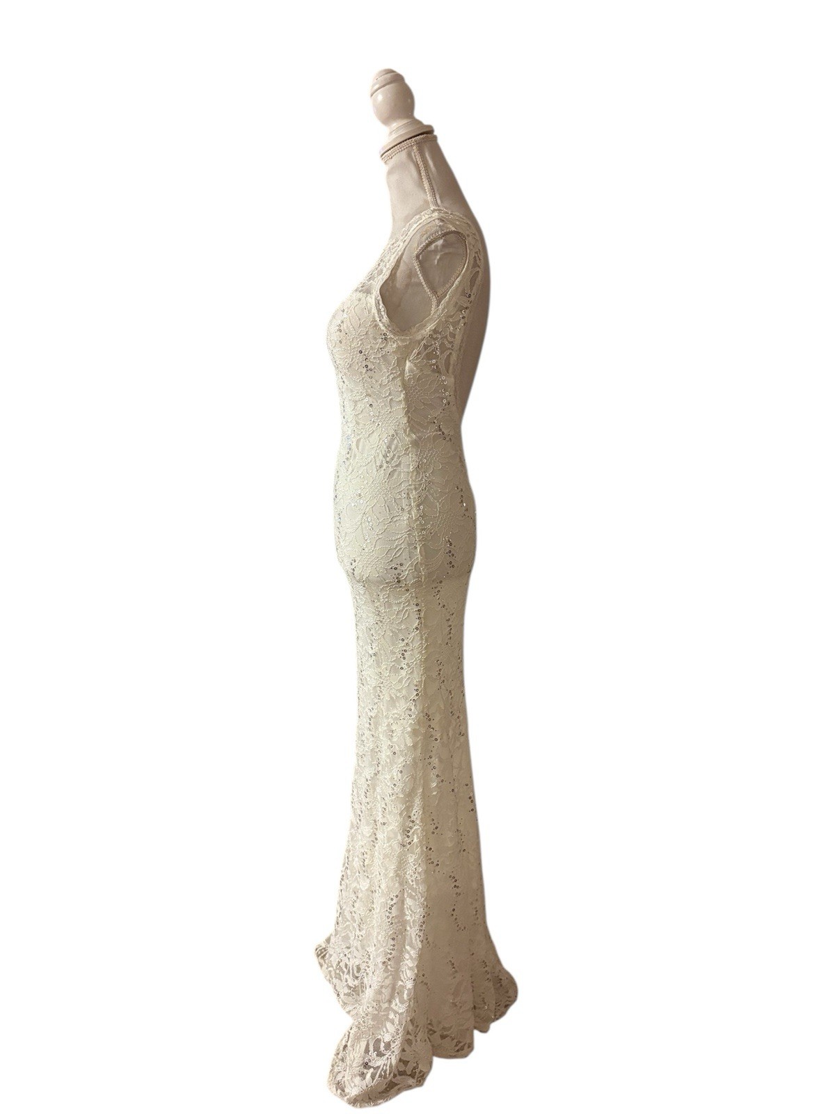 Vtg Windsor Beaded Lace Evening Mermaid Gown Sequins Backless Made In USA Sz 5/6