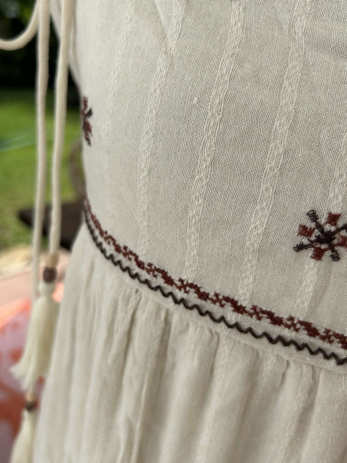 NWT American Eagle Ivory Embroidered Smocked Tie Strap Maxi Dress Cotton M