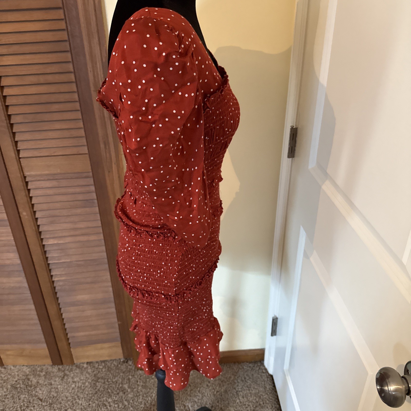 Olivaceous Smocked Puff Sleeve Mini Dress Burnt Orange Polka Dot Size Medium
