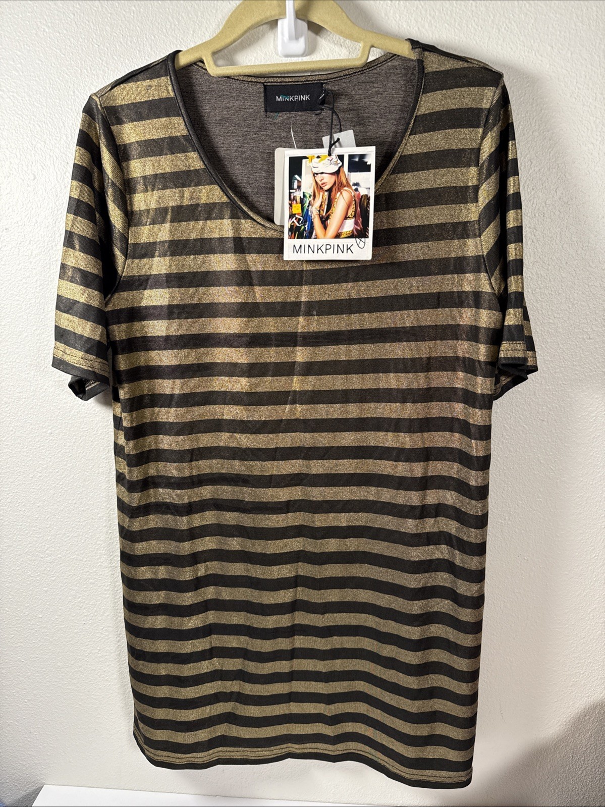 NWT Mink Pink Black/Gold Strip Tunic Mini Dress Med S/S R1