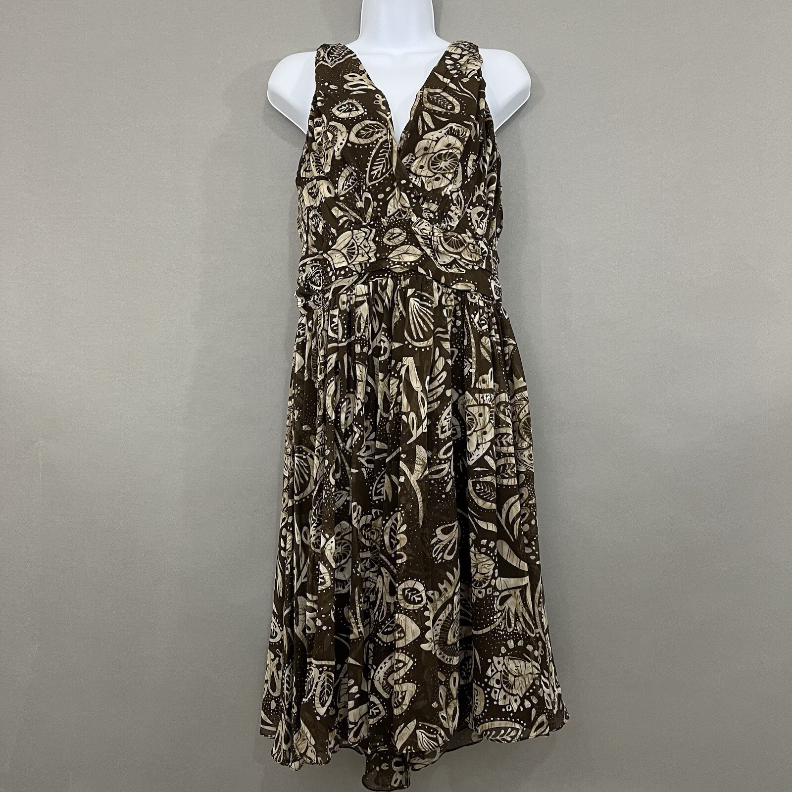 Spiegel Dress Womens Size 12 Brown Floral Silk V Neck Sleeveless Fit & Flare