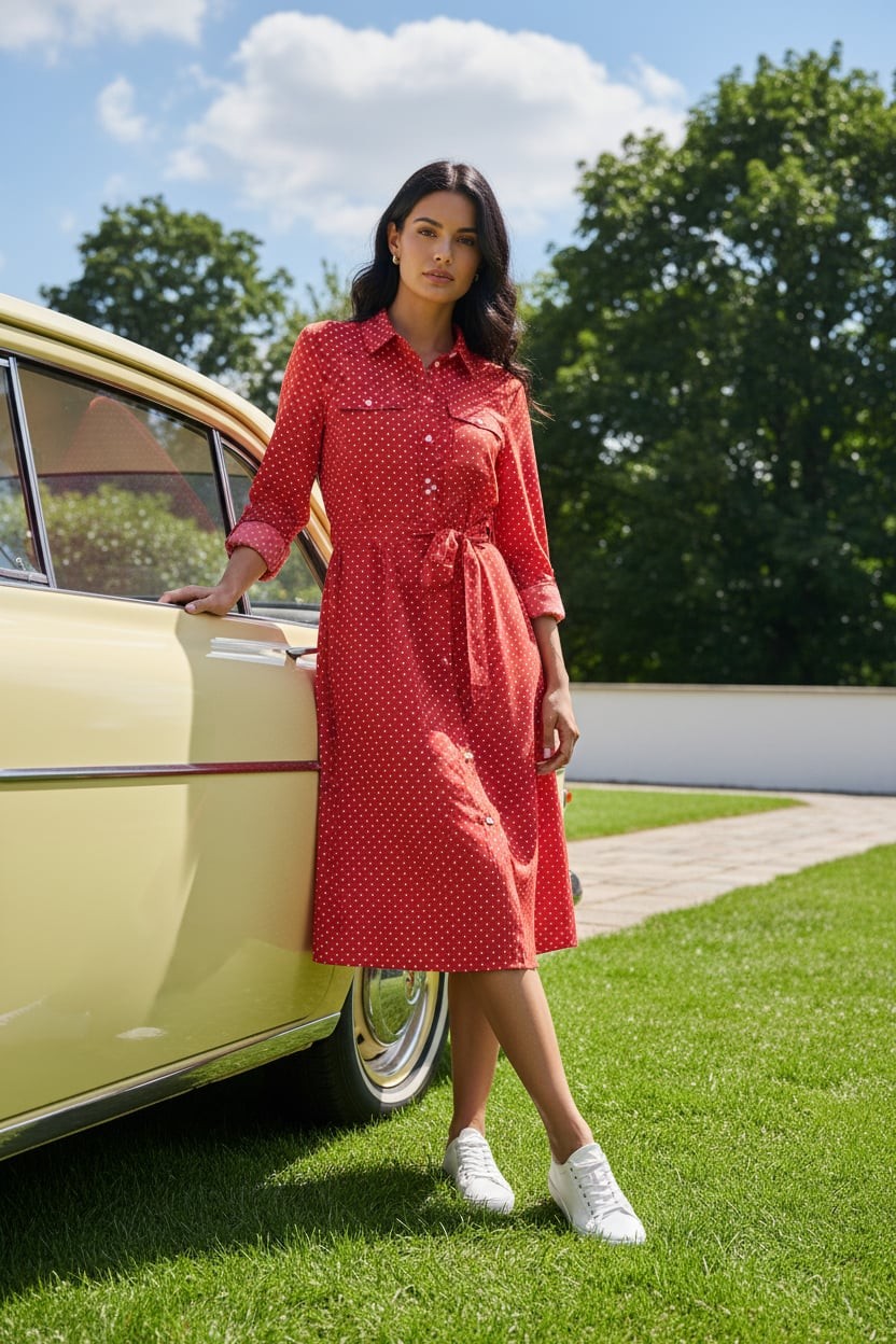 Jones New York Signature Red Polka Dot Non-Iron Belted Shirt Dress, Size M