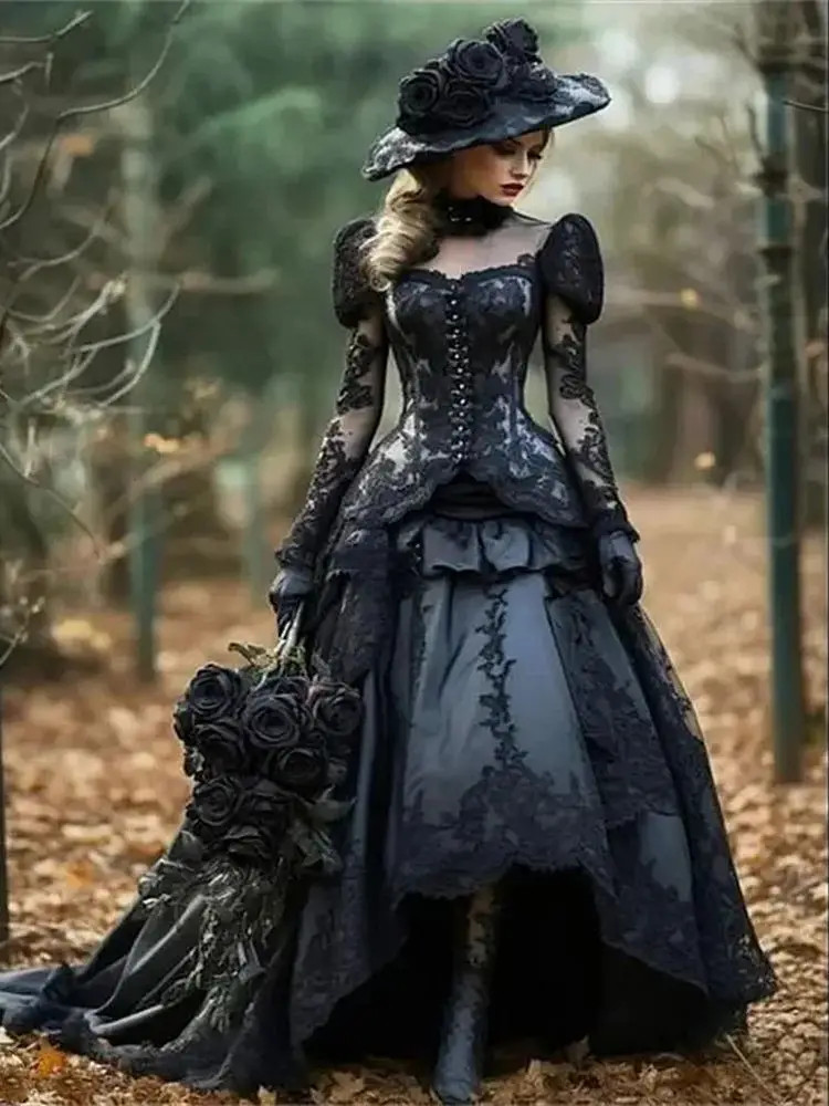 Victorian Gothic Lace Corset Long Sleeve High Low Black Wedding Gown Train