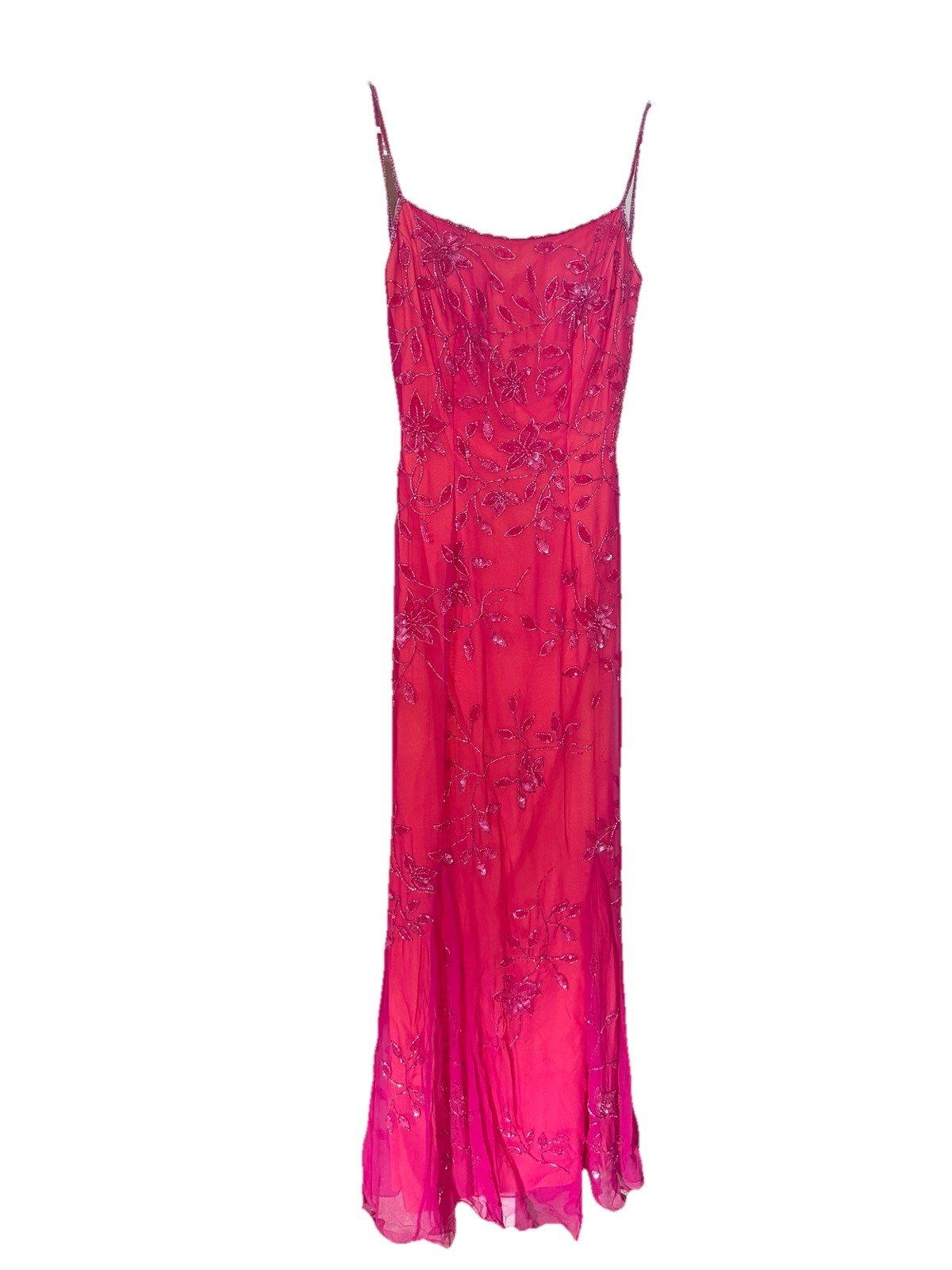 Vintage Cache 100% silk Pink Floral Beaded Long Dress Spaghetti Strap