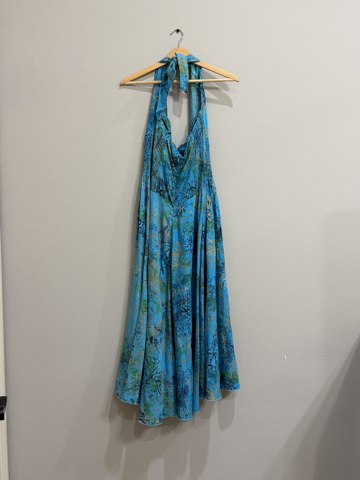 Bali Batiks Vintage A-Line Midi Halter Dress Large Hand Painted Resort Wear