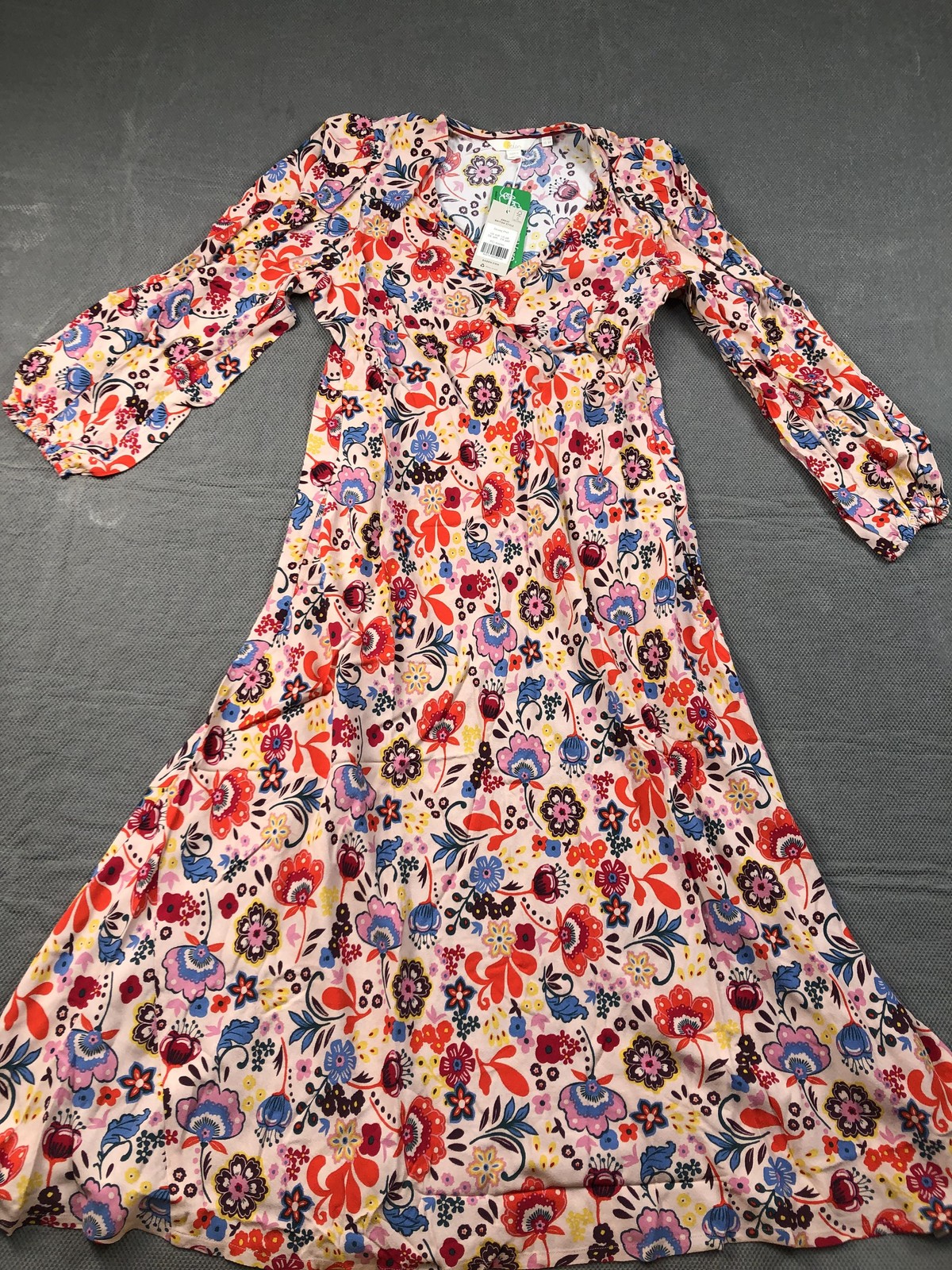 Boden Dress Womens 6 Multicolor Floral V Neck Puff Sleeve Midi Woven NWT