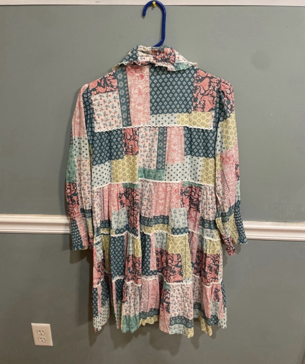 Simply Southern Patchwork Dress Long Sleeve Collared Button, size S, fits like M