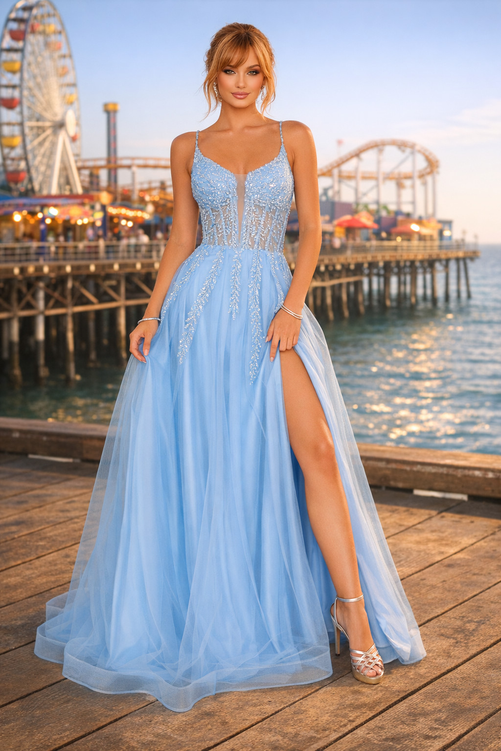 Long Blue Beaded Lace Corset Sheer V Neck Side Slit Prom Dress Size 00