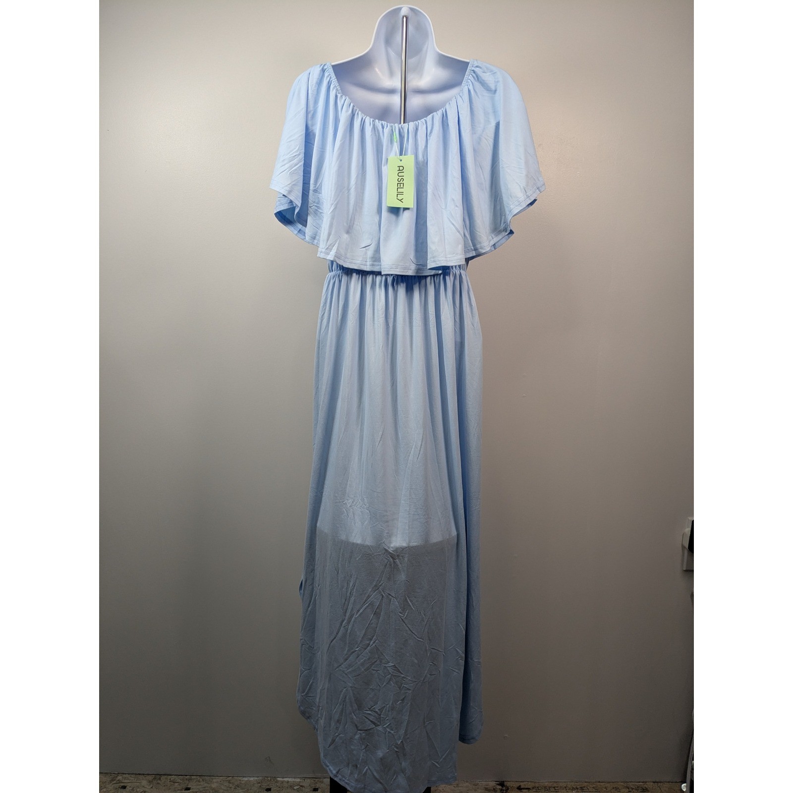 Auselily Light Blue Off The Shoulder Ruffle Maxi Dress Smocked Waist Size M NEW