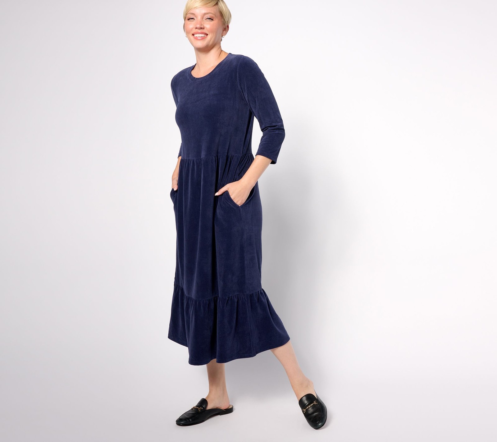 Denim & Co. Women’s Petite Dress PL Heritage Velour Knit Midi Blue A624164
