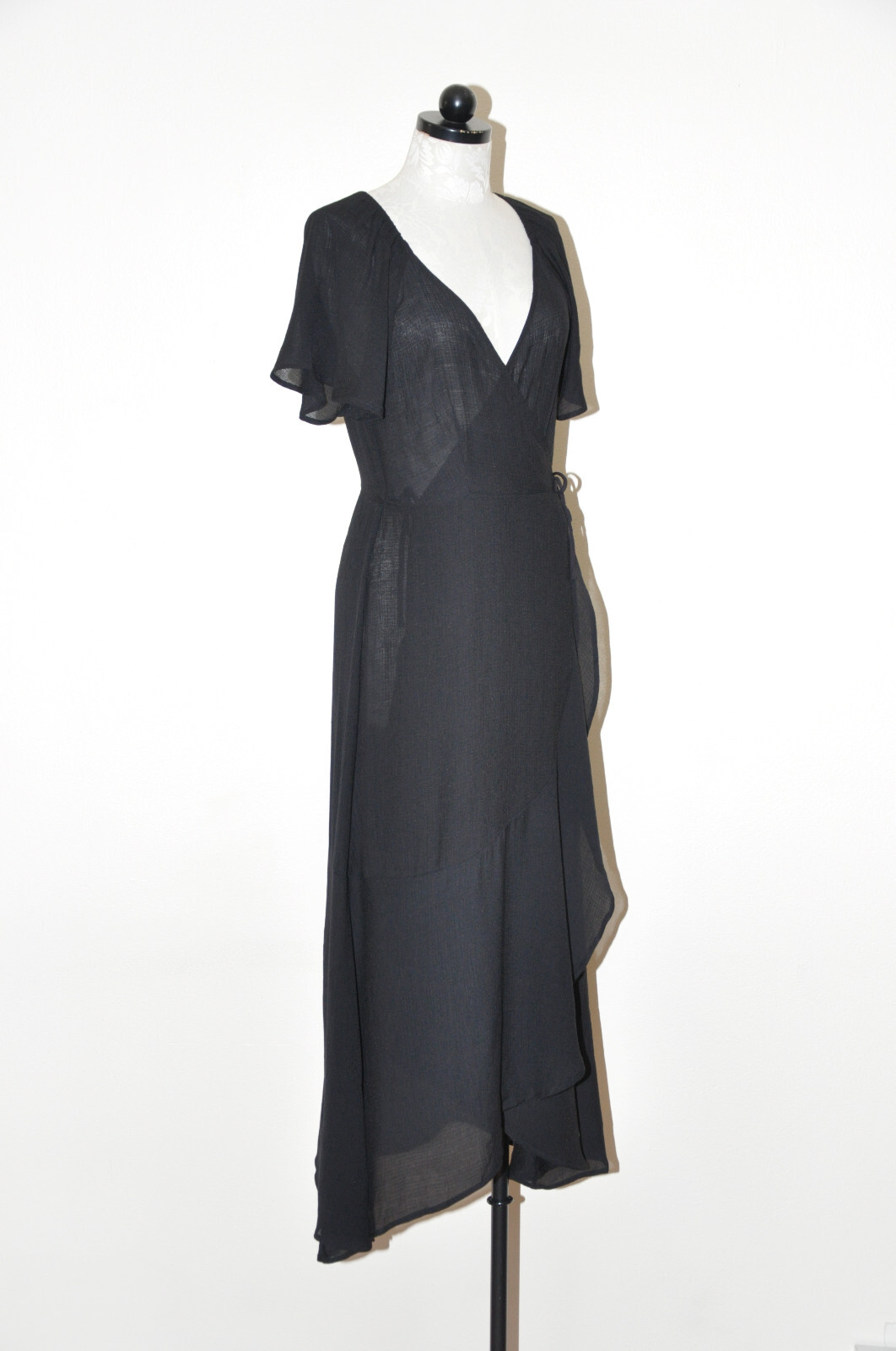 Lush Black Cotton Gauze Sheer Plunging Neckline Long Maxi Wrap Dress LBD Women M