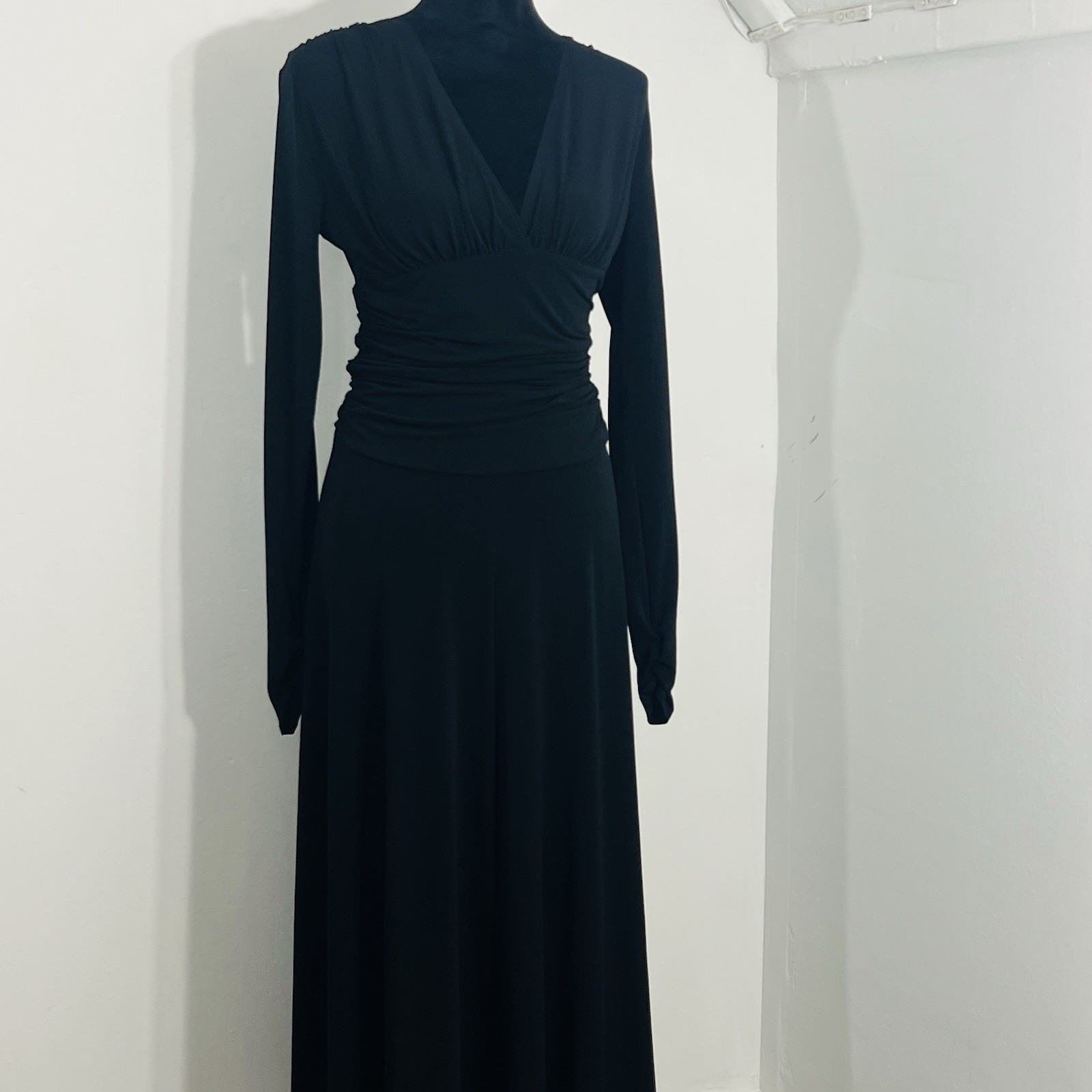 Shape FX V Neck Long Sleeve Ruched Maxi Slimming Body Hugging Sleek Silhouette