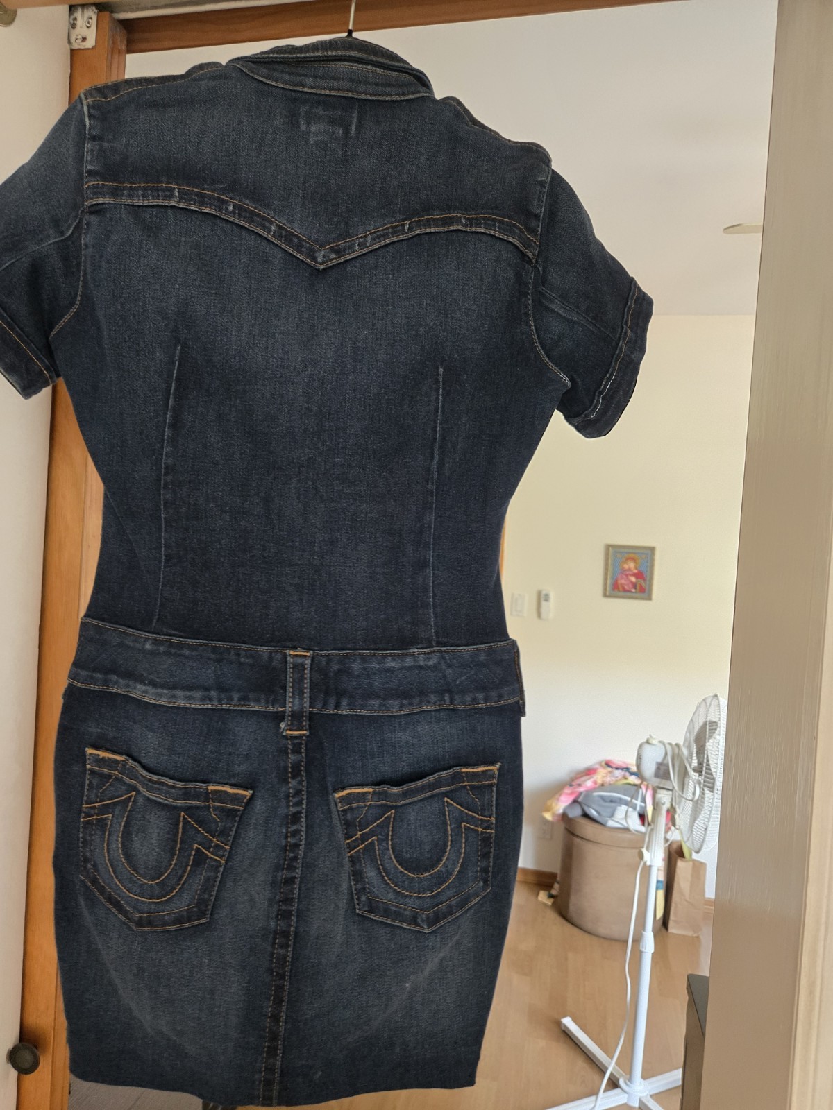 True Religion Womens S/P Blue Denim Shirt Dress Button Front Collared Pockets