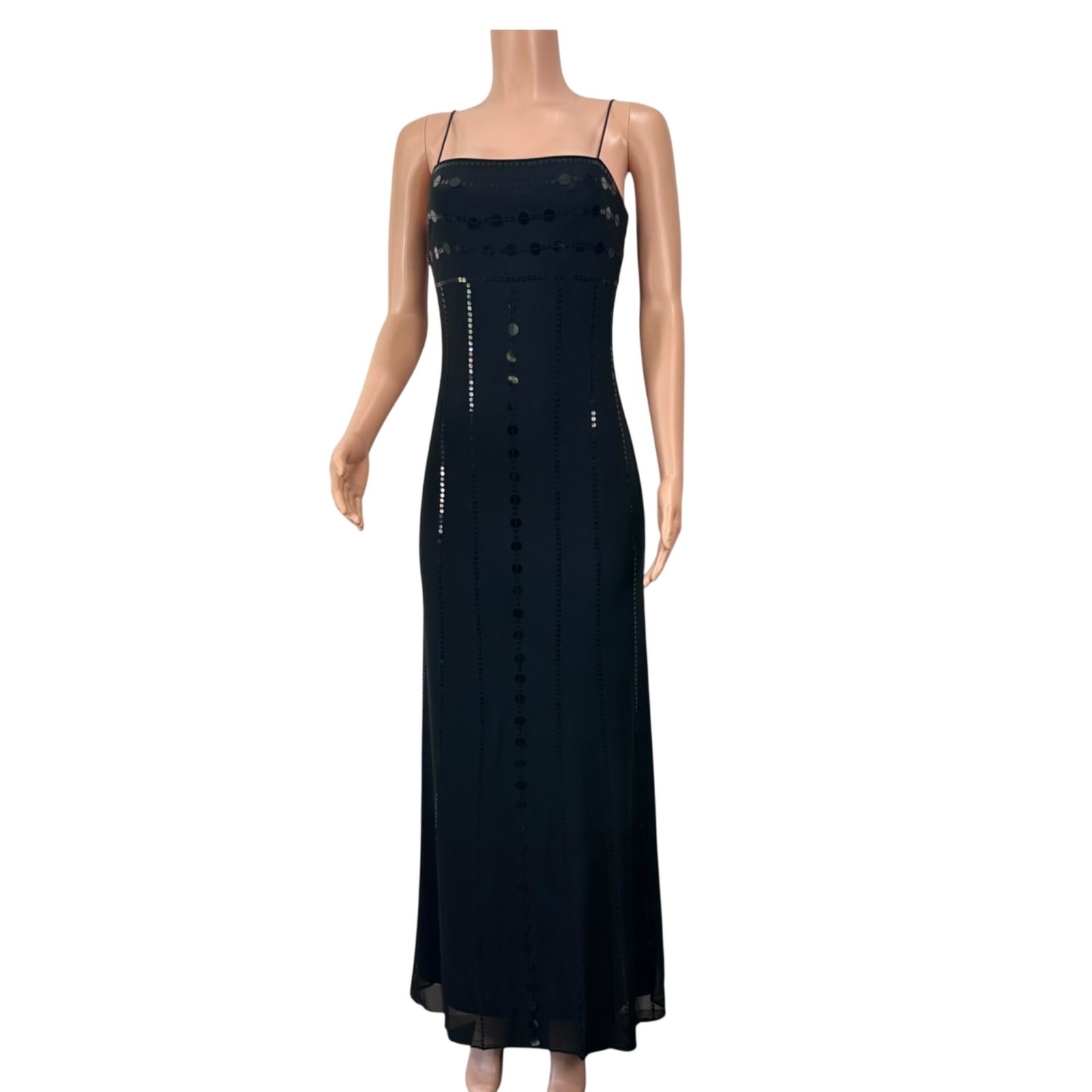 RIMINI By Shaw Vintage Black Sequined Spaghetti Strap Maxi Dress 6 Purple Lined