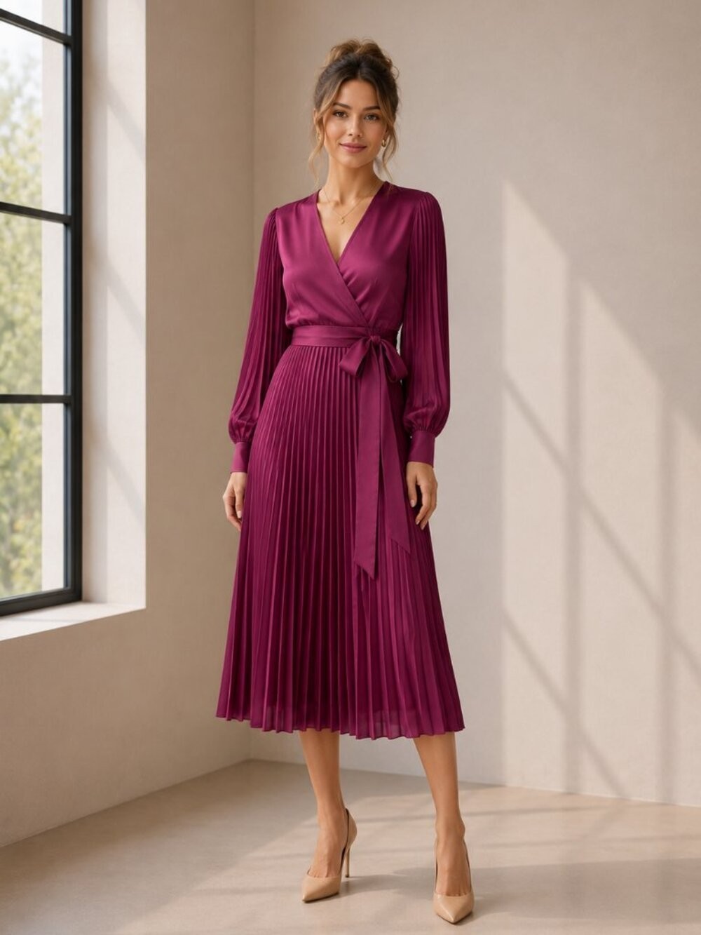 INTERMIX Magenta Satin Wrap Midi Dress Pleated Bishop Sleeve Wedding Guest 0510