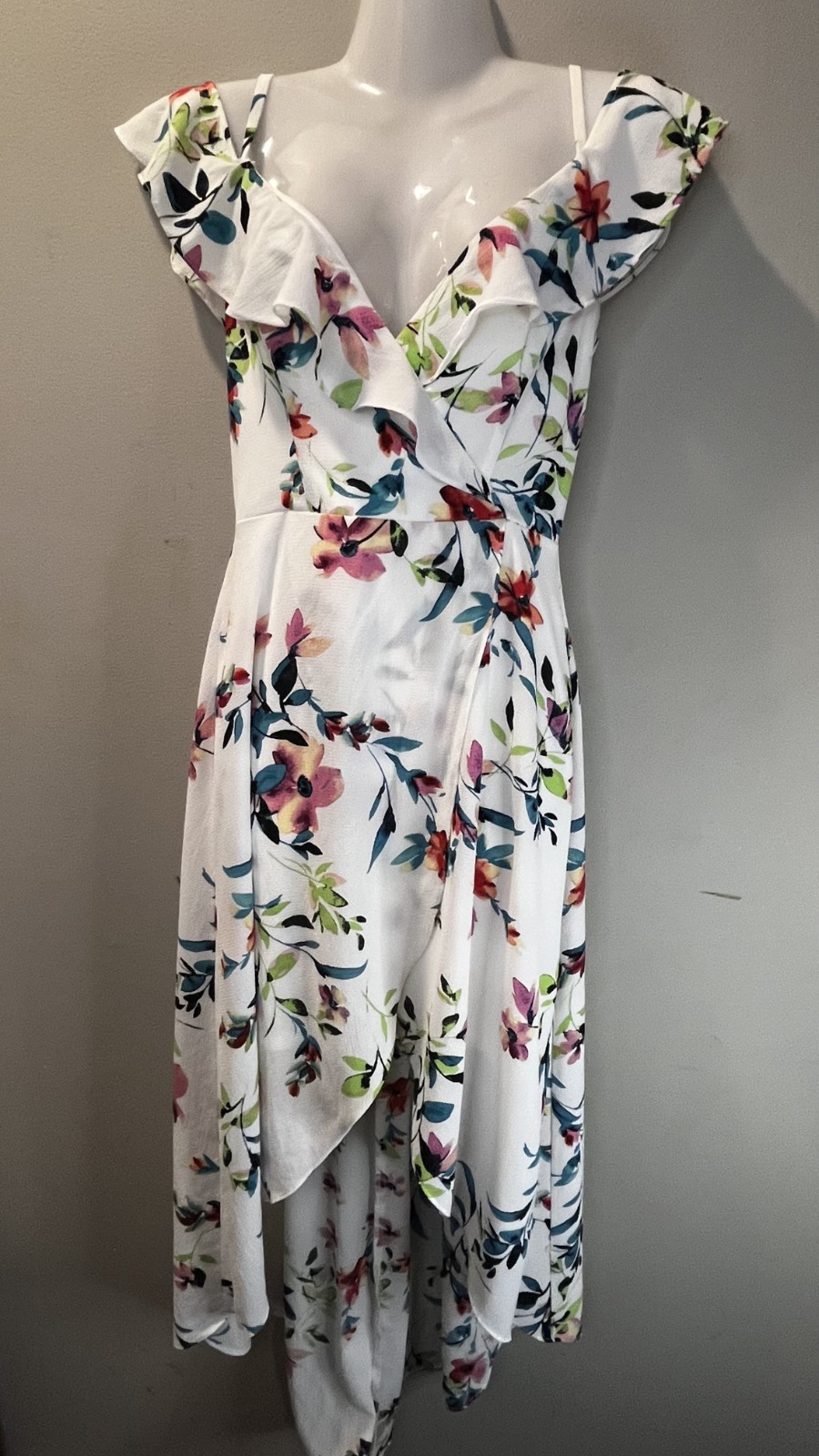 Women’s White Floral Ruffle Wrap High Low Midi Dress XS Cottagecore Garden Party
