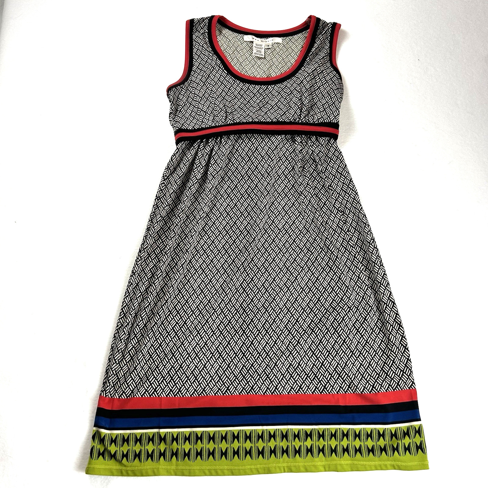 Max Studio Women’s Black & White Geometric Shift Dress w/Red Blue Green Stripe S